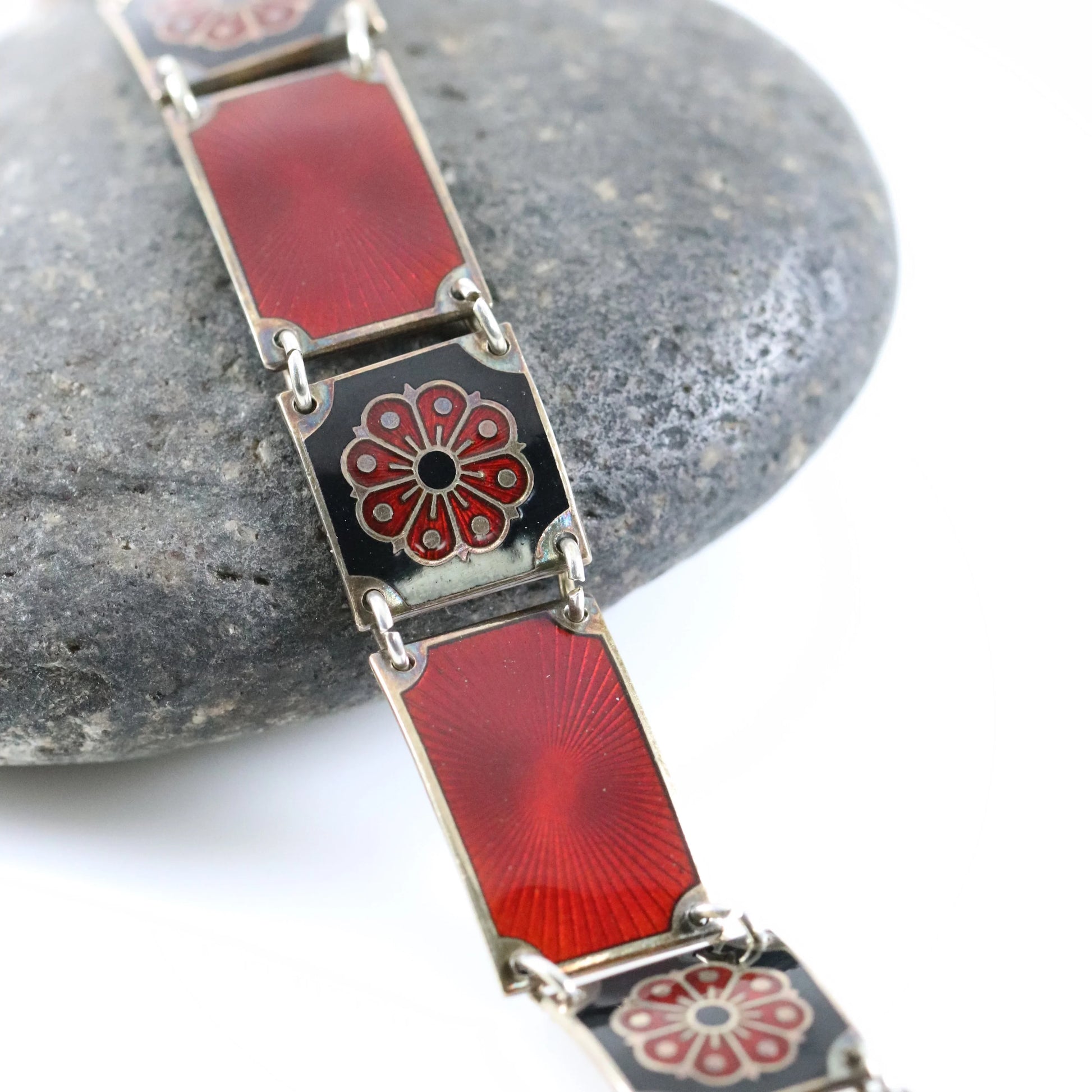 SOLD OUT: David Andersen Enamel Bracelet | Vintage Sterling Silver| Guilloche Red and Black Panel Bracelet Norway - Carmel Fine Silver Jewelry