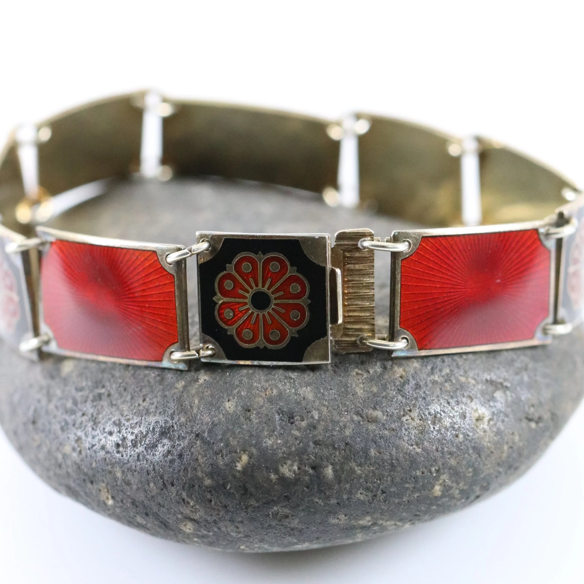SOLD OUT: David Andersen Enamel Bracelet | Vintage Sterling Silver| Guilloche Red and Black Panel Bracelet Norway - Carmel Fine Silver Jewelry