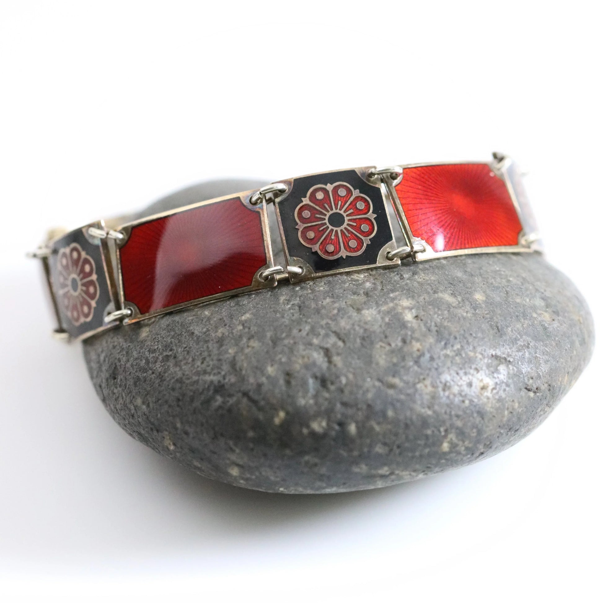 SOLD OUT: David Andersen Enamel Bracelet | Vintage Sterling Silver| Guilloche Red and Black Panel Bracelet Norway - Carmel Fine Silver Jewelry