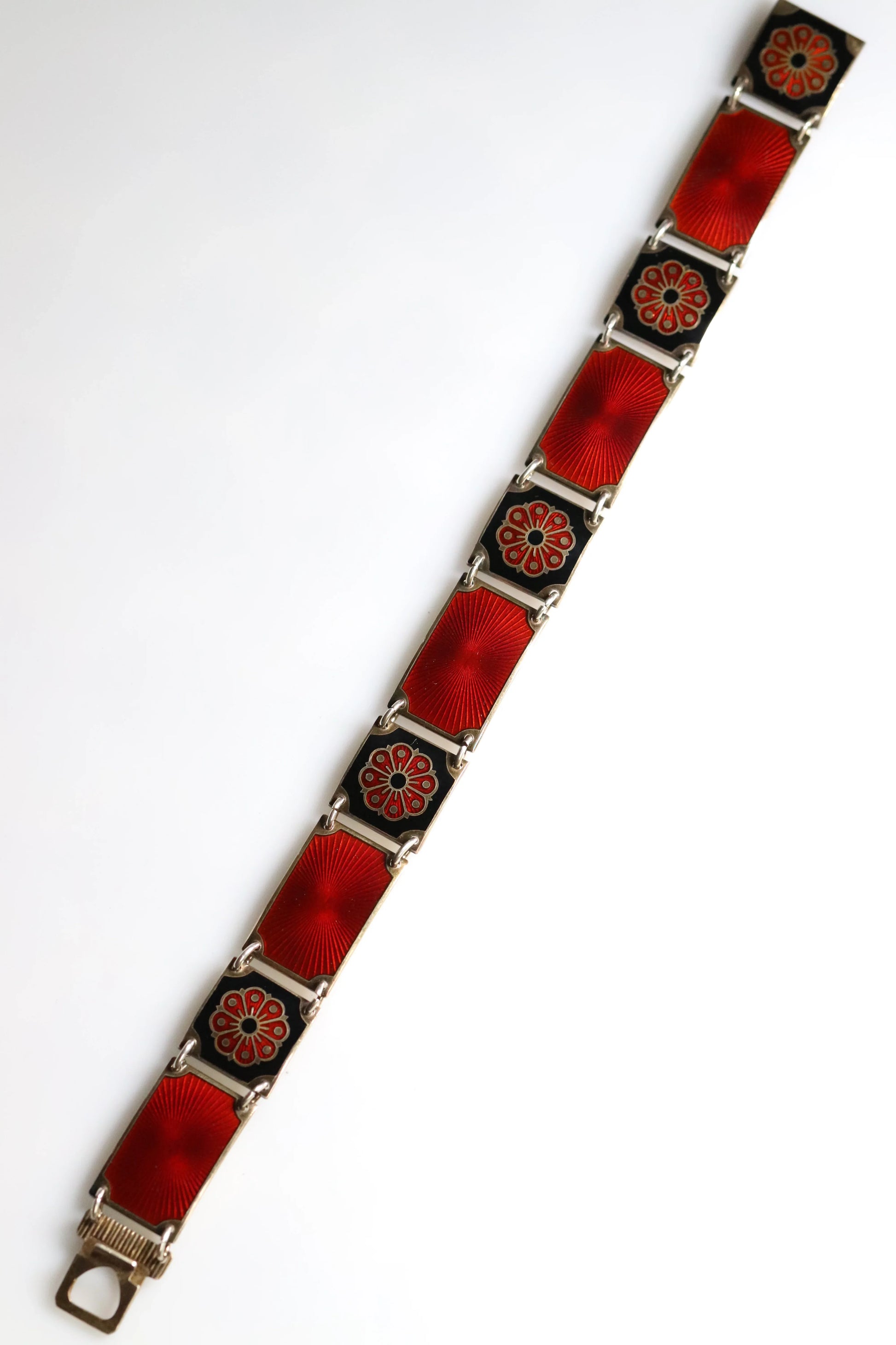 SOLD OUT: David Andersen Enamel Bracelet | Vintage Sterling Silver| Guilloche Red and Black Panel Bracelet Norway - Carmel Fine Silver Jewelry