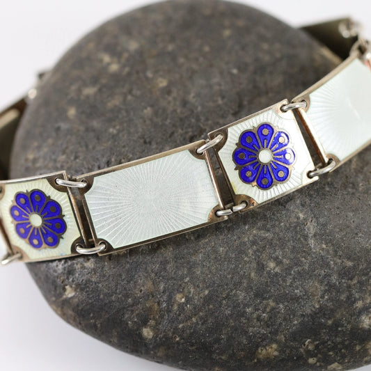 SOLD OUT: David Andersen Enamel Bracelet | Vintage Sterling Silver| Guilloche White and Blue Panel Bracelet Norway - Carmel FSJ