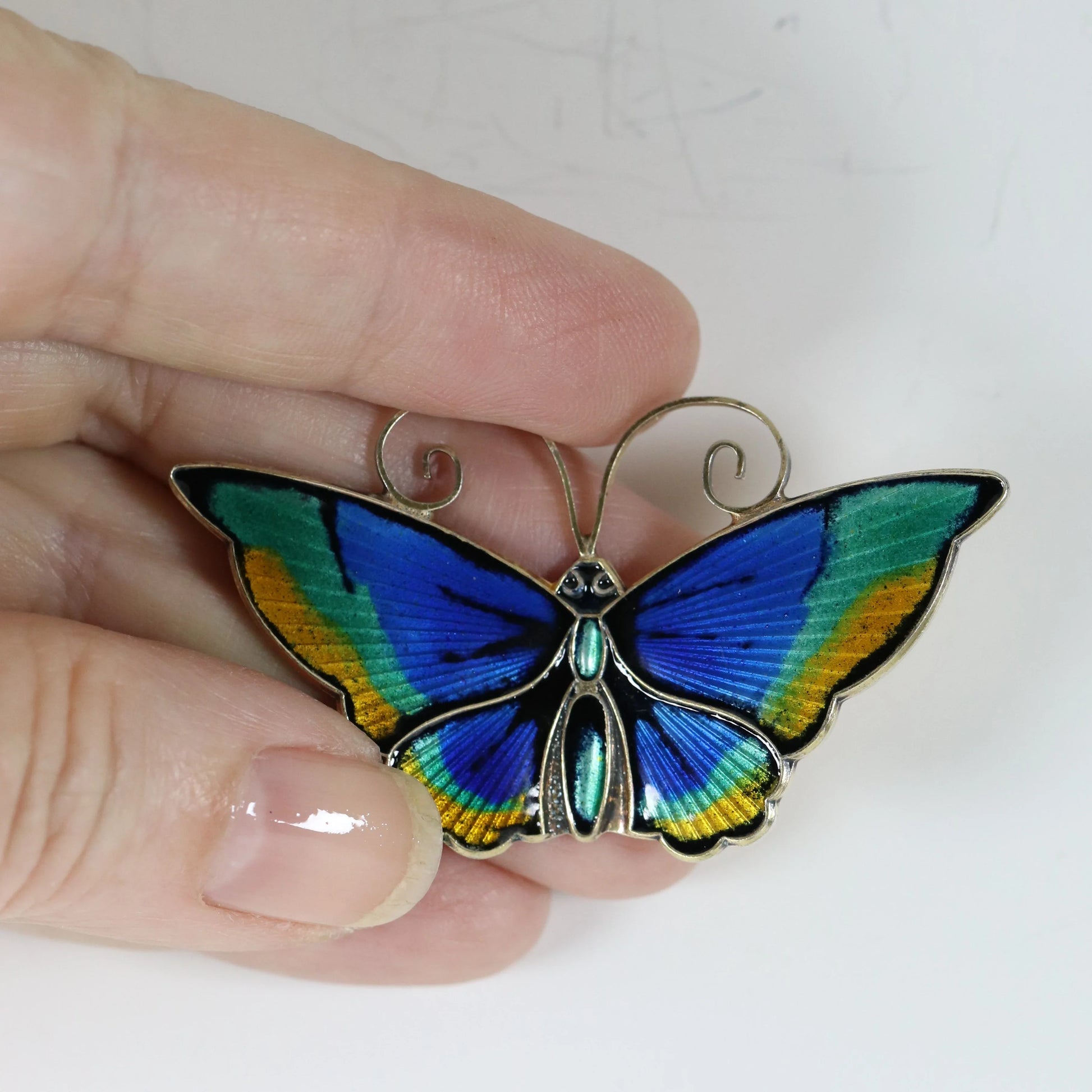 SOLD OUT: DAVID ANDERSEN GUILLOCHE MULTI-COLOR BUTTERFLY PIN - Carmel Fine Silver Jewelry