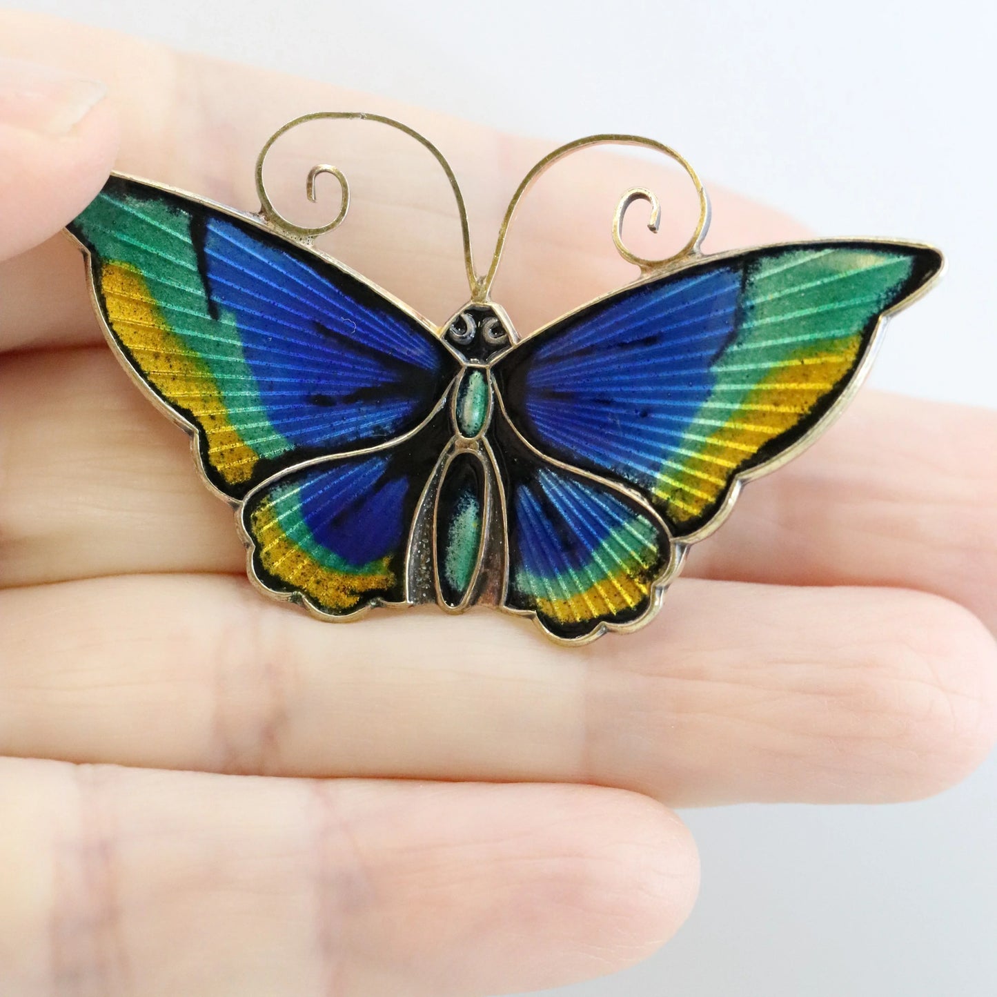 SOLD OUT: DAVID ANDERSEN GUILLOCHE MULTI-COLOR BUTTERFLY PIN - Carmel Fine Silver Jewelry