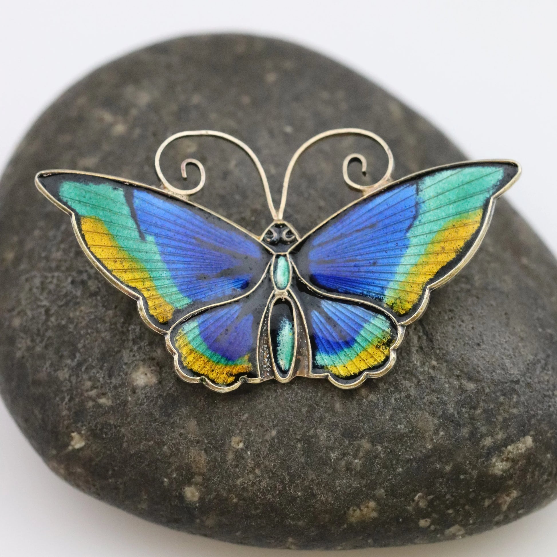 SOLD OUT: DAVID ANDERSEN GUILLOCHE MULTI-COLOR BUTTERFLY PIN - Carmel Fine Silver Jewelry