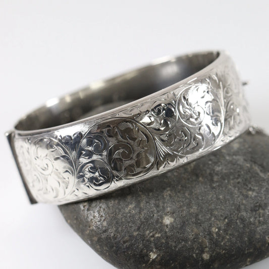 SOLD OUT: English Etched Bangle | Vintage Sterling Silver | Hinged Victorian Floral Pattern Bracelet - Carmel FSJ
