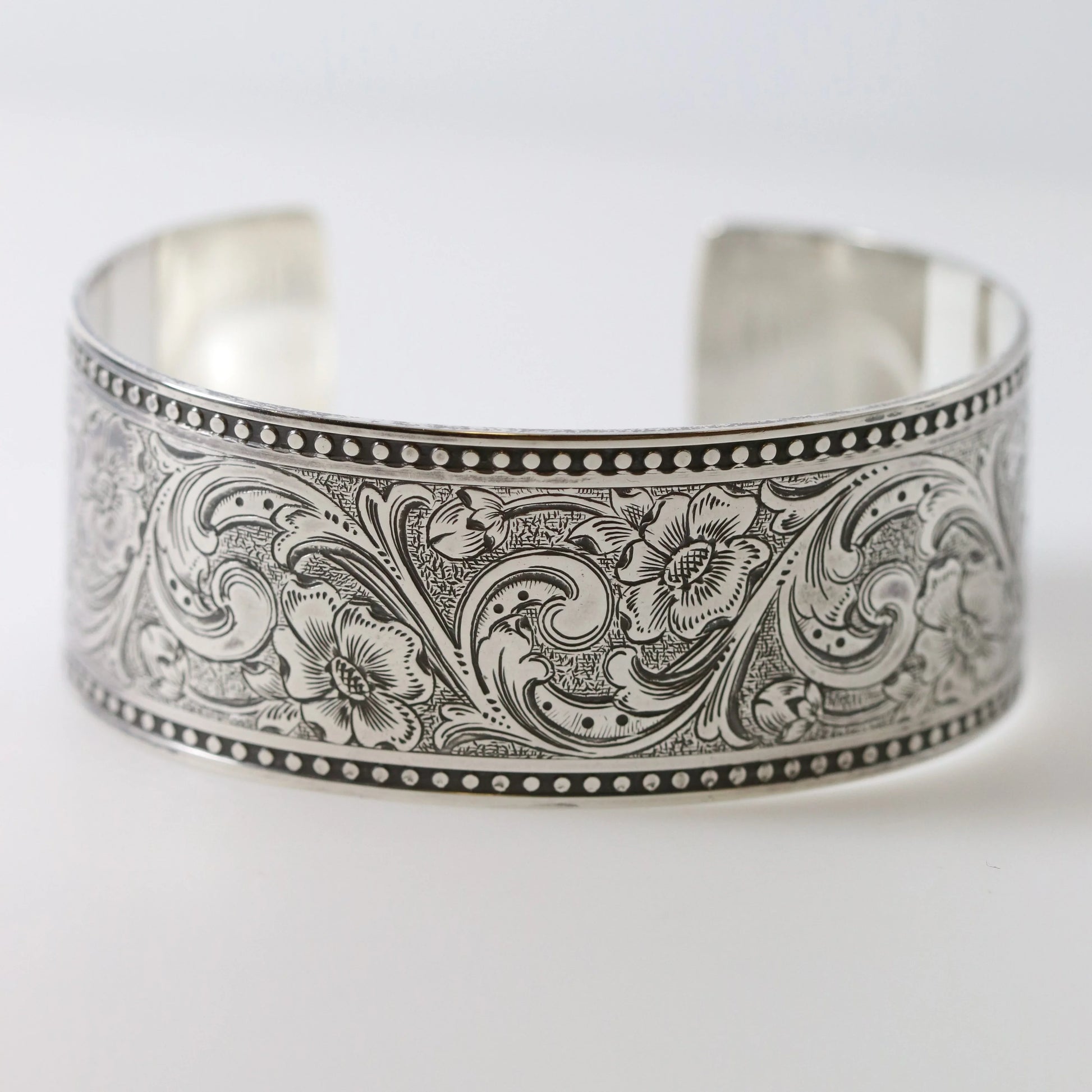SOLD OUT: ESTATE ED LEVIN ETCHED WIDE CUFF BRACELET - Carmel Fine Silver Jewelry