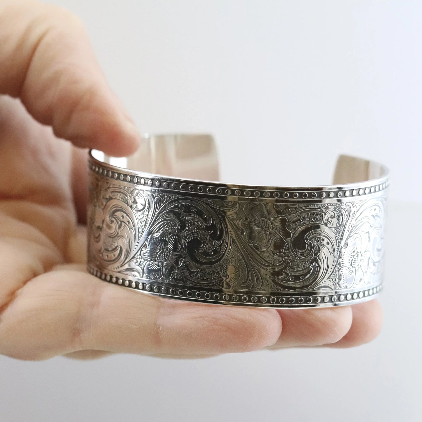 SOLD OUT: ESTATE ED LEVIN ETCHED WIDE CUFF BRACELET - Carmel Fine Silver Jewelry