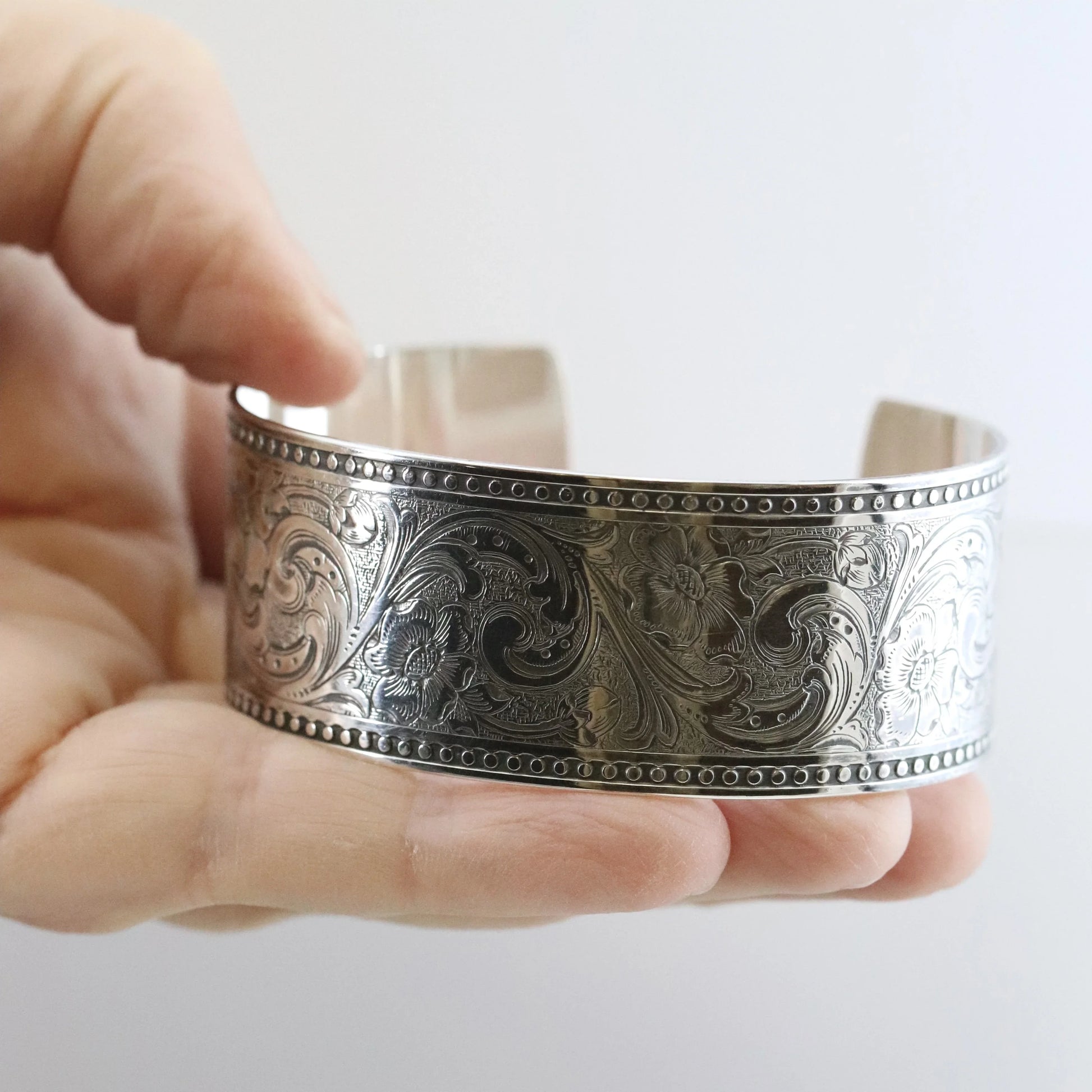 SOLD OUT: ESTATE ED LEVIN ETCHED WIDE CUFF BRACELET - Carmel Fine Silver Jewelry