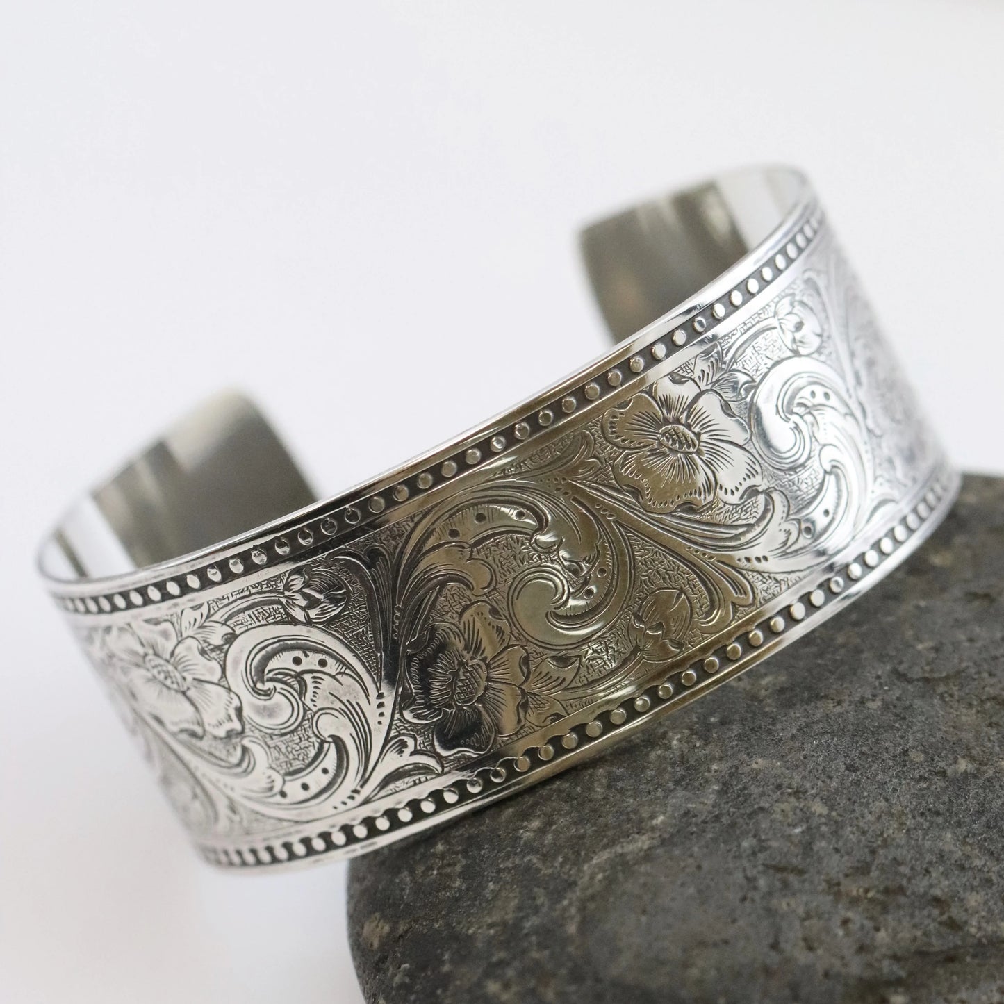 SOLD OUT: ESTATE ED LEVIN ETCHED WIDE CUFF BRACELET - Carmel Fine Silver Jewelry