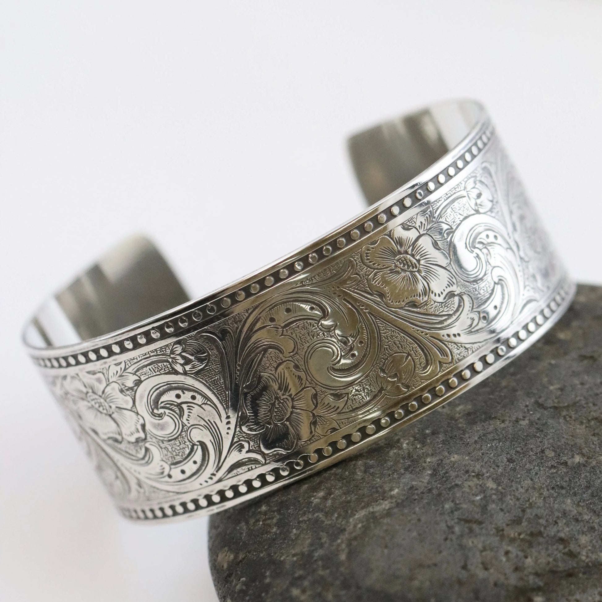 SOLD OUT: ESTATE ED LEVIN ETCHED WIDE CUFF BRACELET - Carmel Fine Silver Jewelry