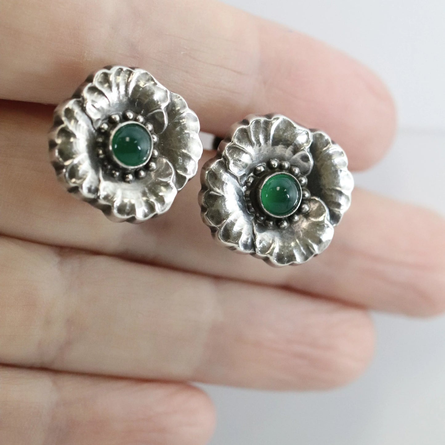 SOLD OUT: ESTATE GEORG JENSEN CHRYSOPRASE FLORAL EARRINGS 49 - Carmel Fine Silver Jewelry