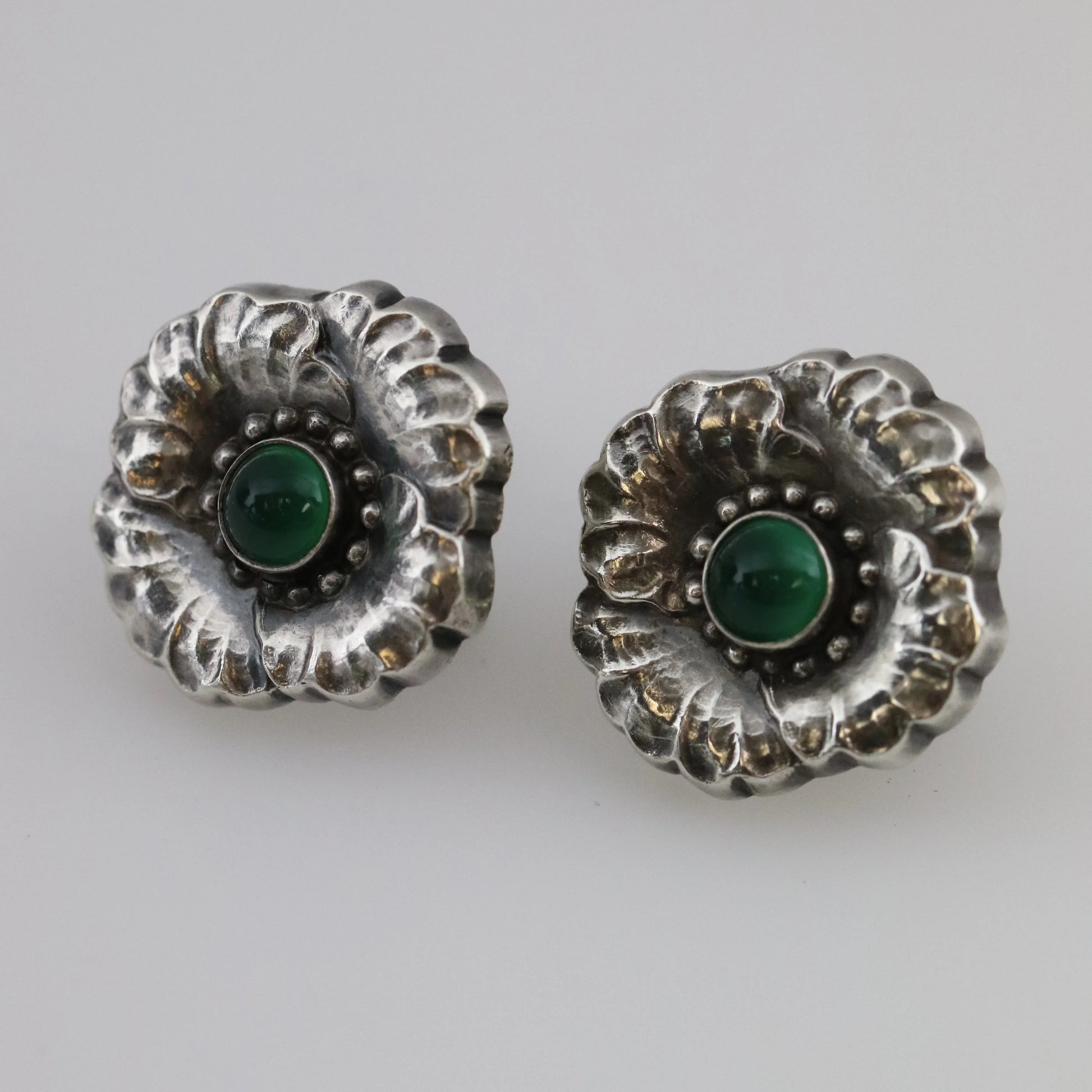 SOLD OUT: ESTATE GEORG JENSEN CHRYSOPRASE FLORAL EARRINGS 49 - Carmel Fine Silver Jewelry