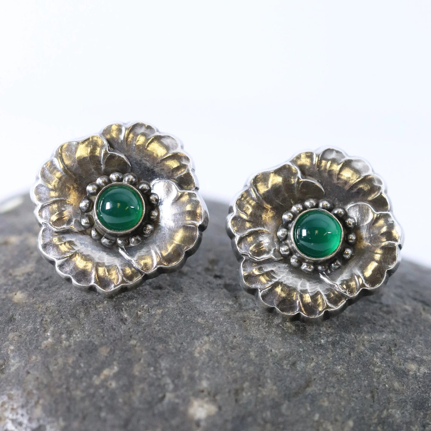 SOLD OUT: ESTATE GEORG JENSEN CHRYSOPRASE FLORAL EARRINGS 49 - Carmel Fine Silver Jewelry