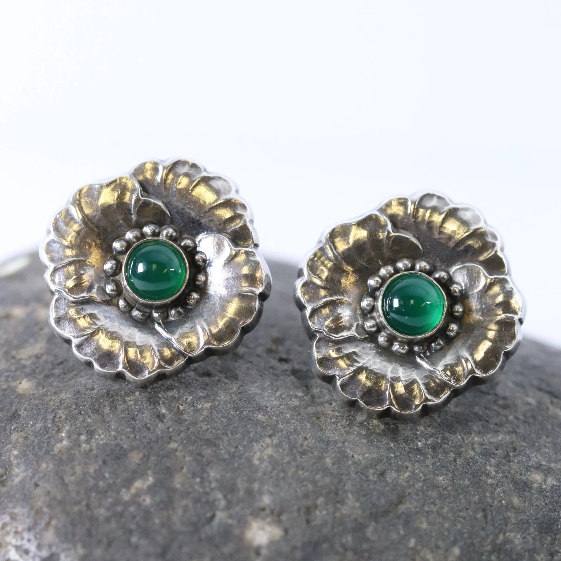SOLD OUT: ESTATE GEORG JENSEN CHRYSOPRASE FLORAL EARRINGS 49 - Carmel Fine Silver Jewelry