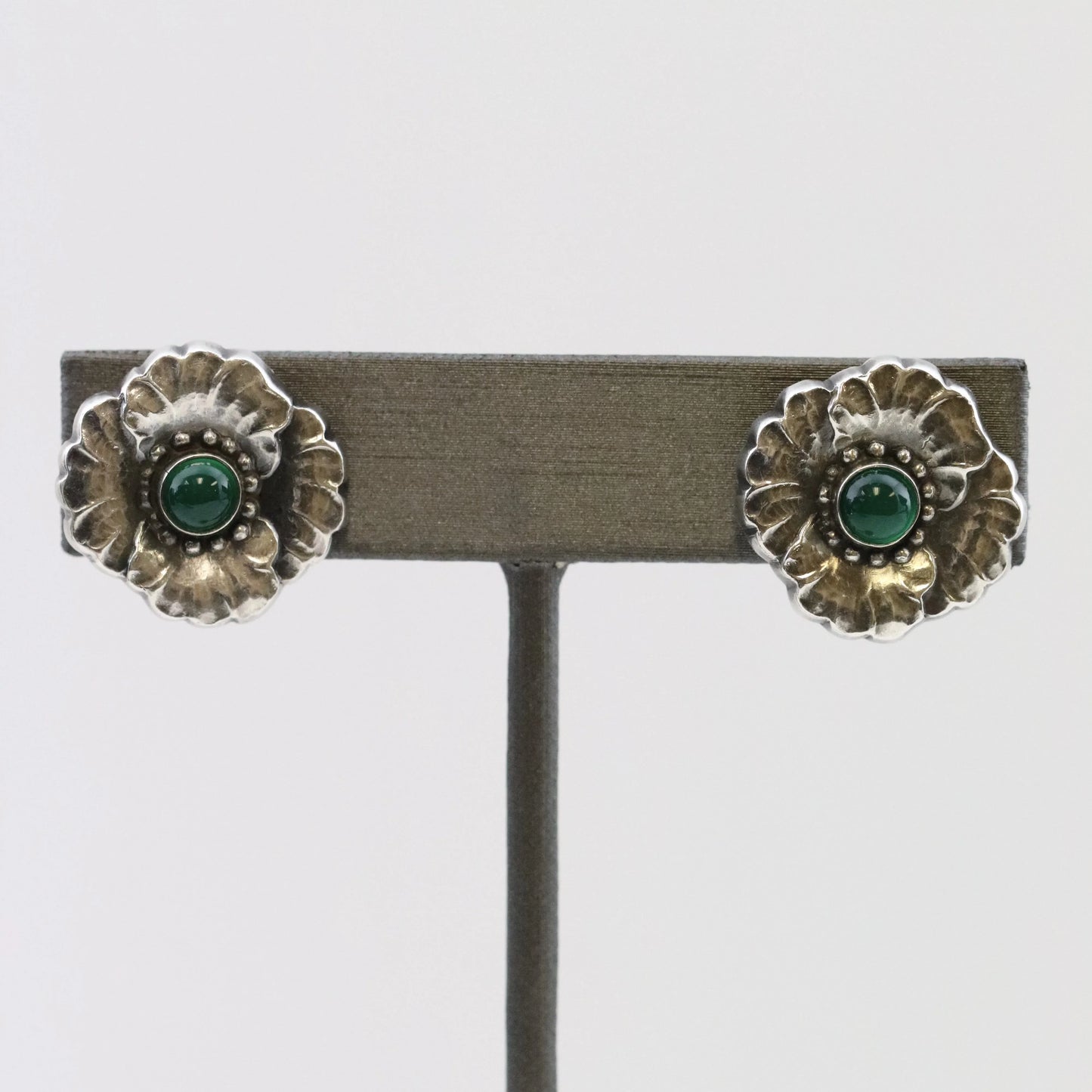SOLD OUT: ESTATE GEORG JENSEN CHRYSOPRASE FLORAL EARRINGS 49 - Carmel Fine Silver Jewelry