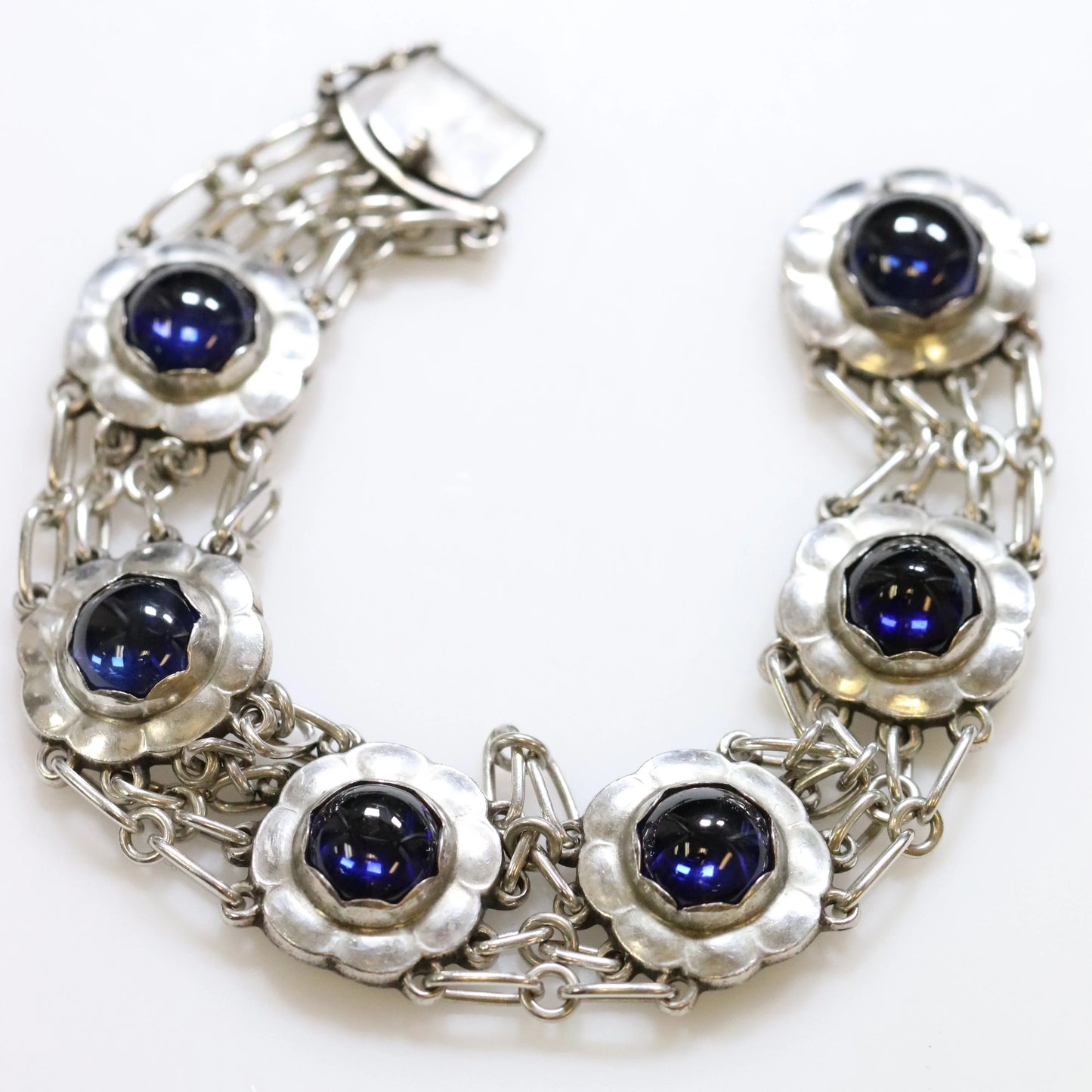 SOLD OUT: ESTATE GEORG JENSEN SYNTHETIC SAPPHIRE FLORAL BRACELET 31 - Carmel Fine Silver Jewelry