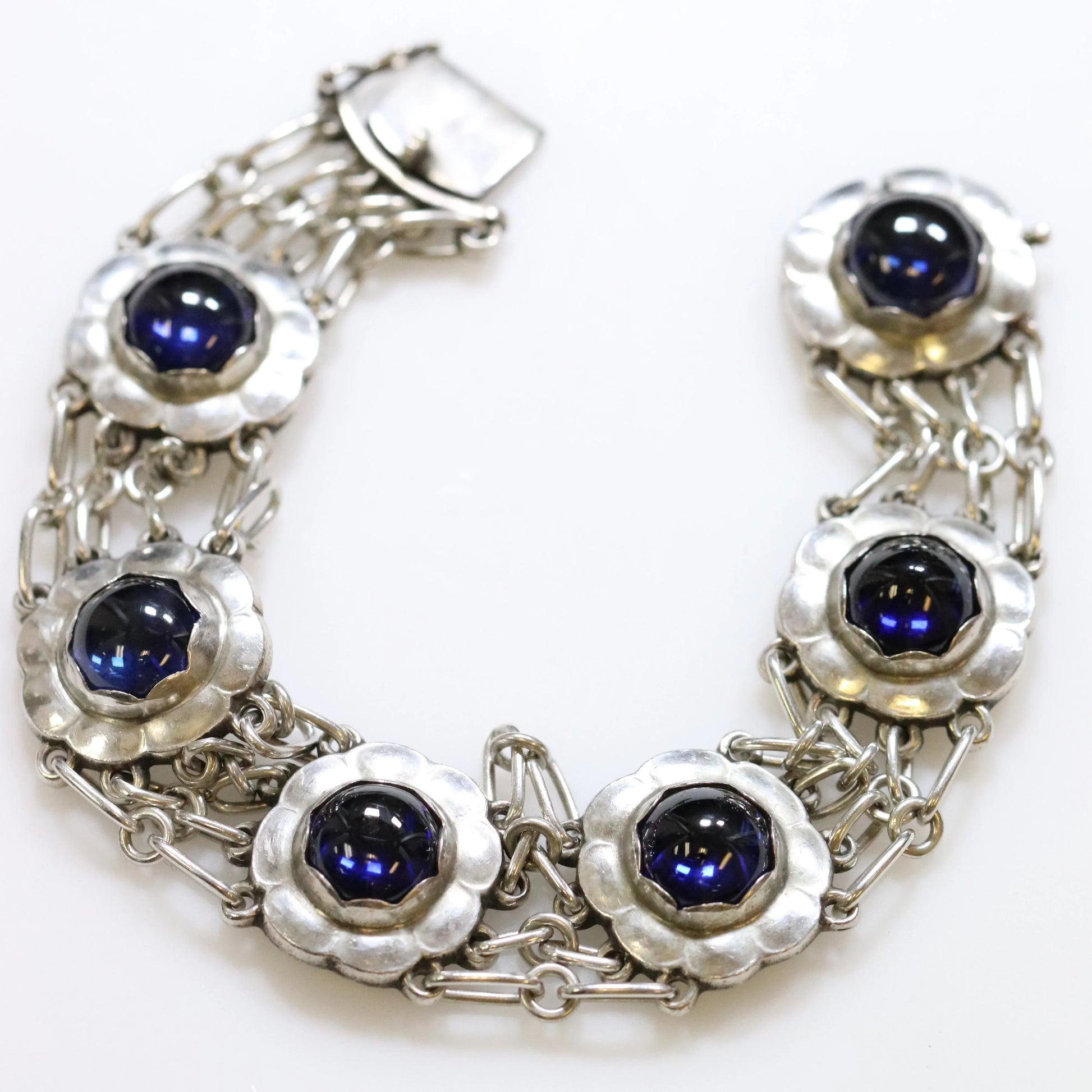 SOLD OUT: ESTATE GEORG JENSEN SYNTHETIC SAPPHIRE FLORAL BRACELET 31 - Carmel Fine Silver Jewelry
