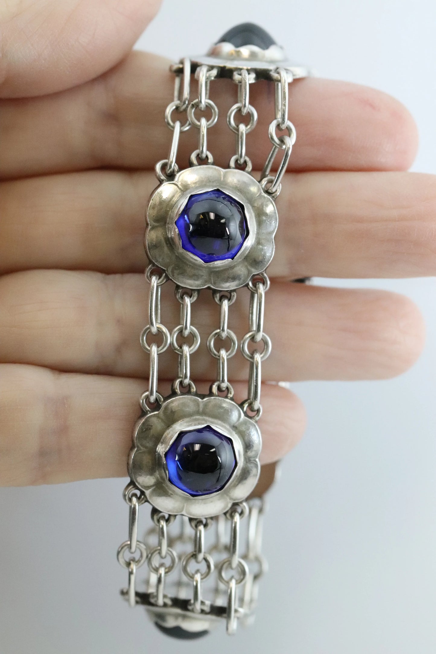 SOLD OUT: ESTATE GEORG JENSEN SYNTHETIC SAPPHIRE FLORAL BRACELET 31 - Carmel Fine Silver Jewelry