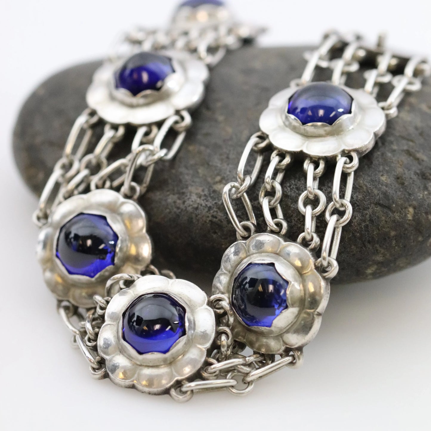 SOLD OUT: ESTATE GEORG JENSEN SYNTHETIC SAPPHIRE FLORAL BRACELET 31 - Carmel Fine Silver Jewelry