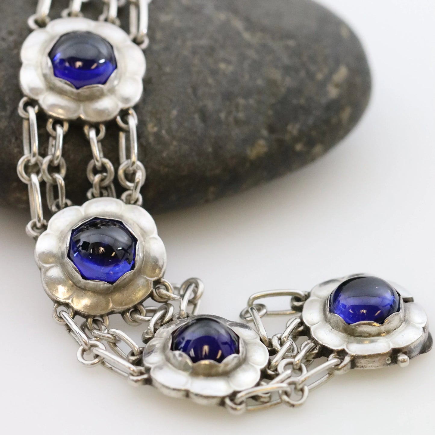 SOLD OUT: ESTATE GEORG JENSEN SYNTHETIC SAPPHIRE FLORAL BRACELET 31 - Carmel Fine Silver Jewelry