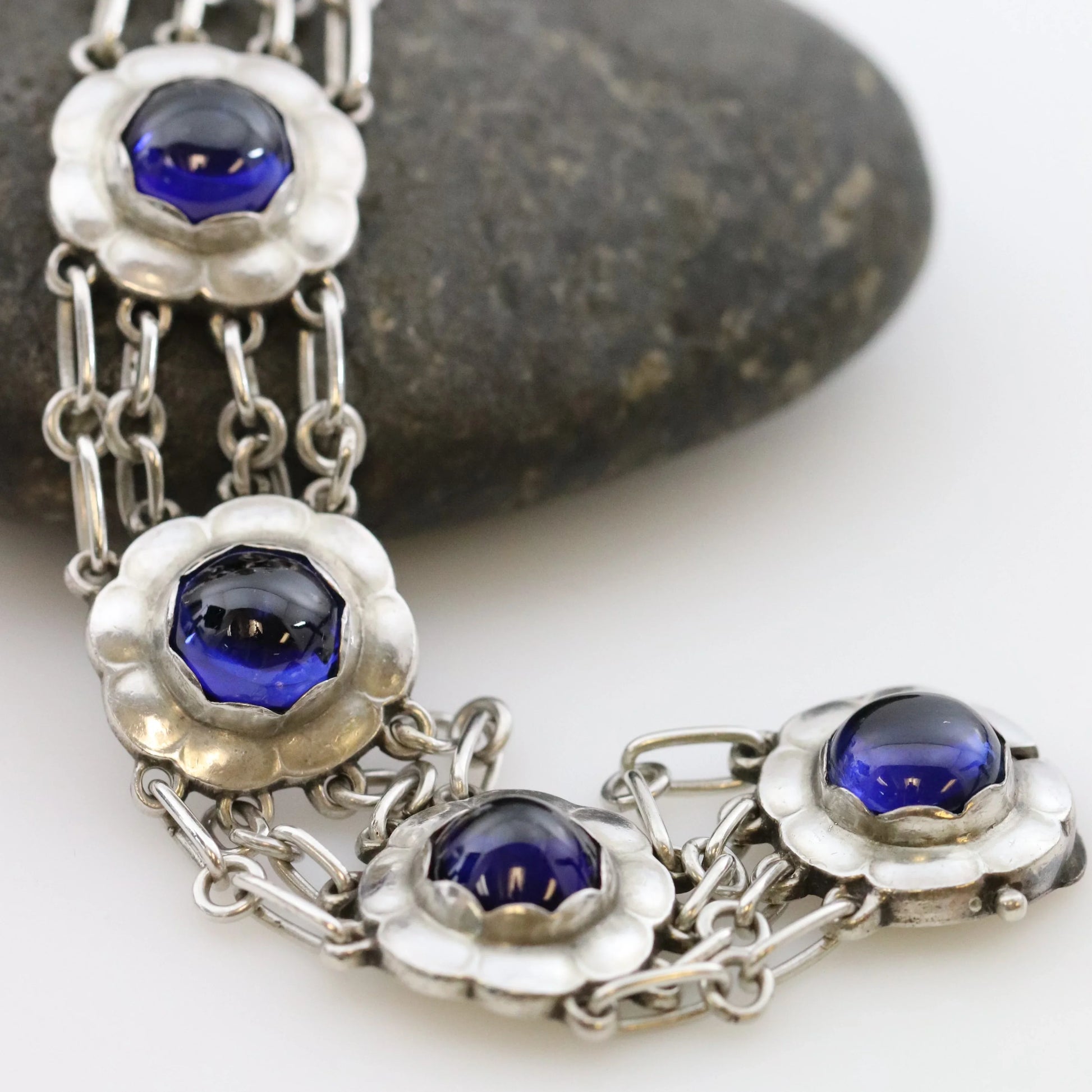SOLD OUT: ESTATE GEORG JENSEN SYNTHETIC SAPPHIRE FLORAL BRACELET 31 - Carmel Fine Silver Jewelry