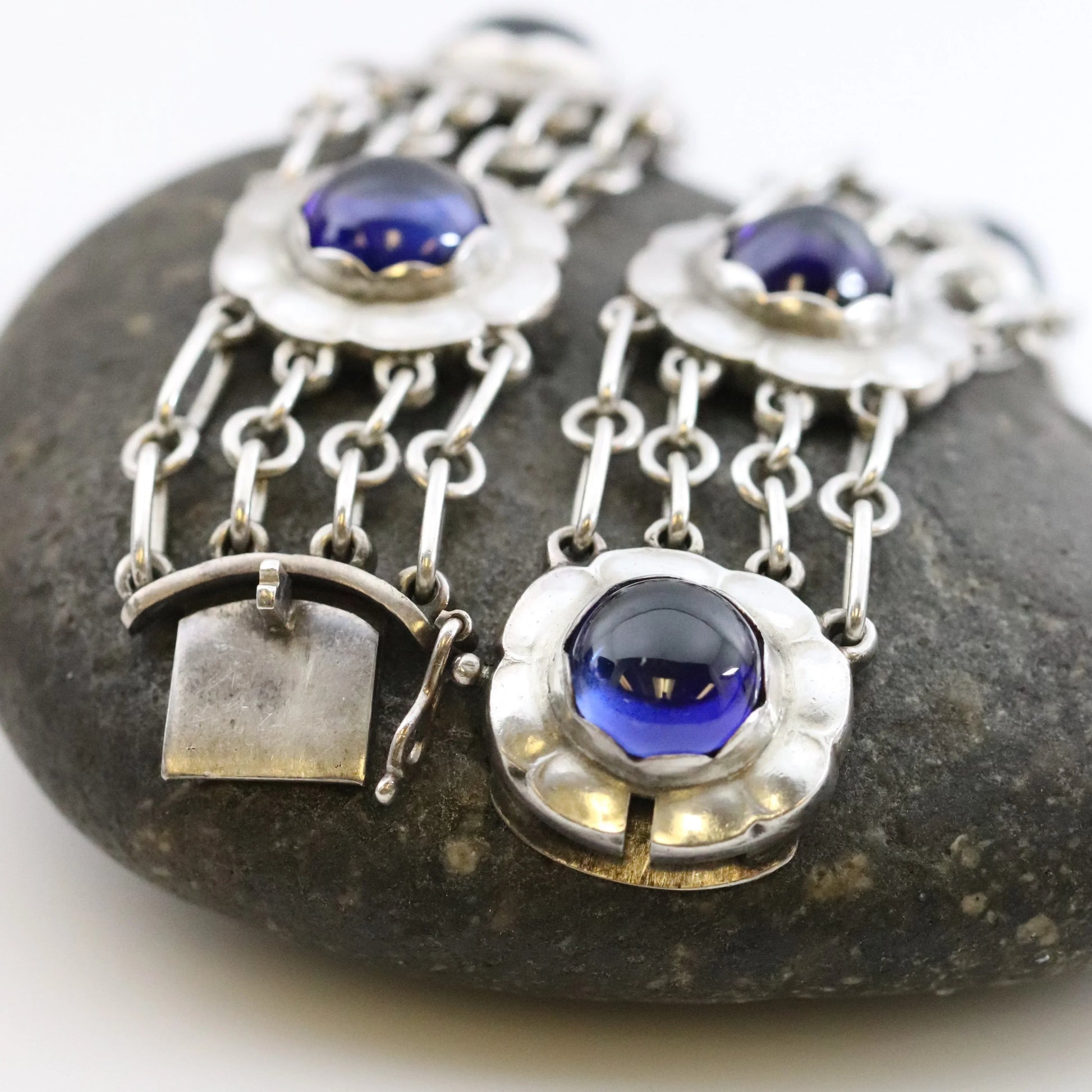SOLD OUT: ESTATE GEORG JENSEN SYNTHETIC SAPPHIRE FLORAL BRACELET 31 - Carmel Fine Silver Jewelry