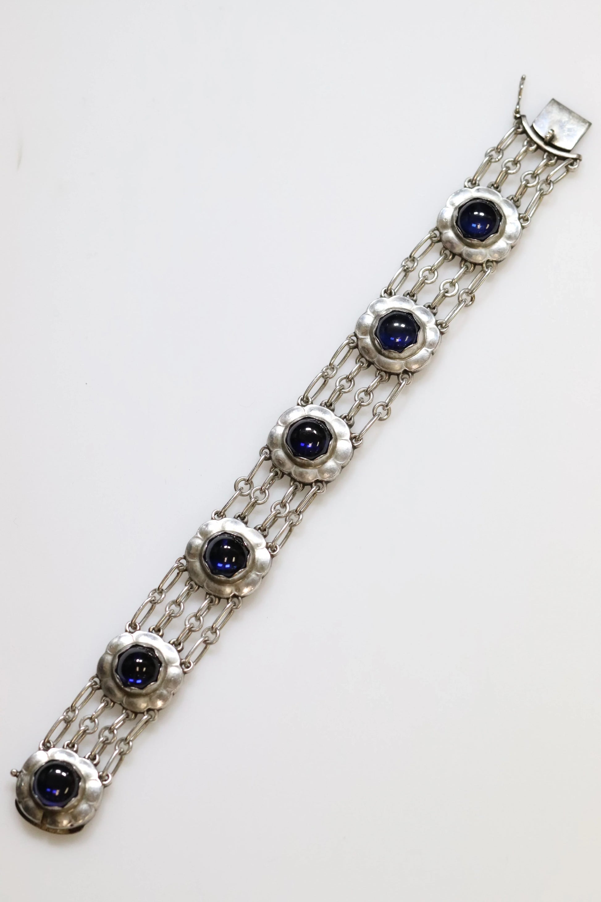 SOLD OUT: ESTATE GEORG JENSEN SYNTHETIC SAPPHIRE FLORAL BRACELET 31 - Carmel Fine Silver Jewelry
