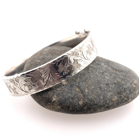 SOLD OUT: Etched Bracelet with Safety | Vintage Sterling Silver | Leaf Patterned - Carmel Fine Silver Jewelry
