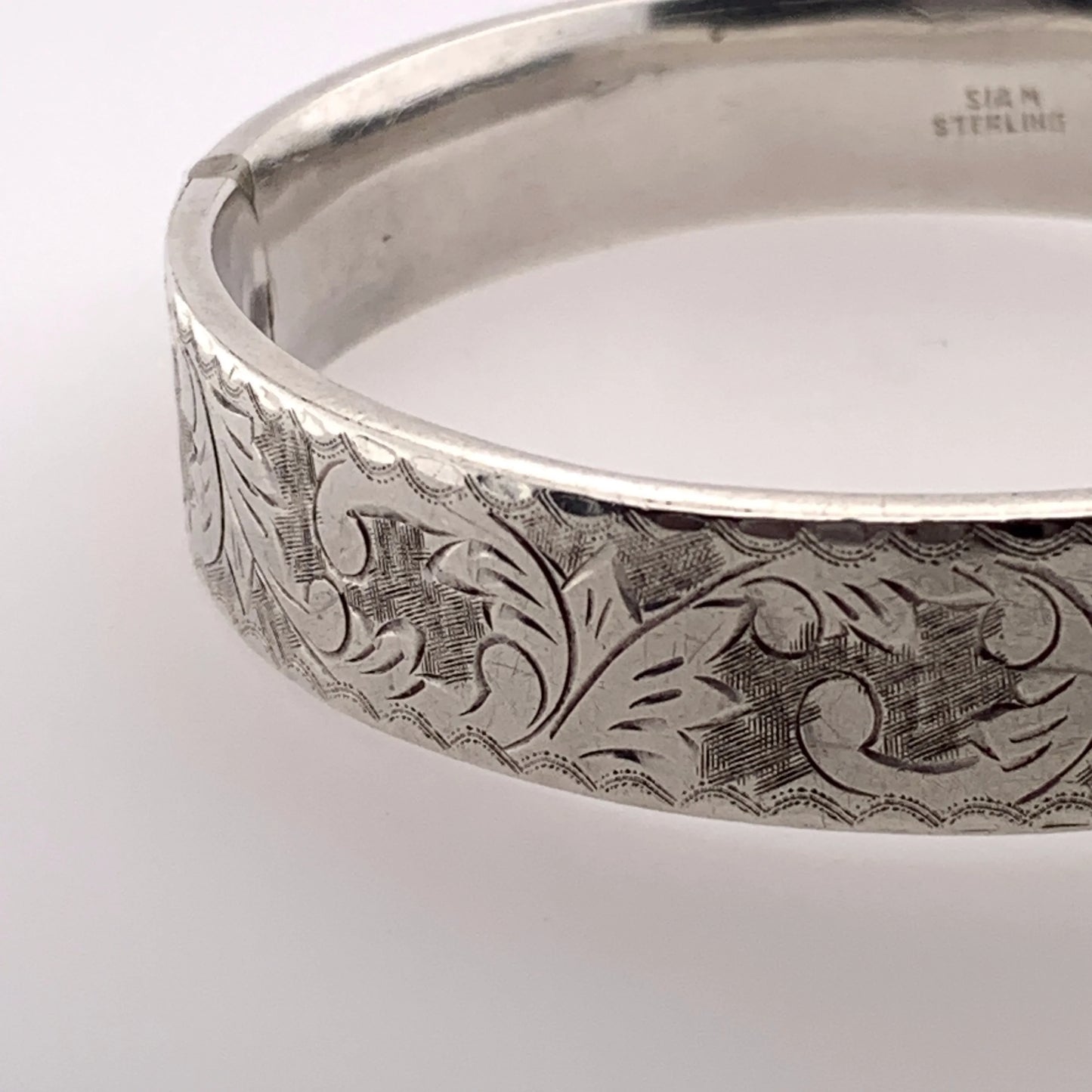 SOLD OUT: Etched Bracelet with Safety | Vintage Sterling Silver | Leaf Patterned - Carmel Fine Silver Jewelry