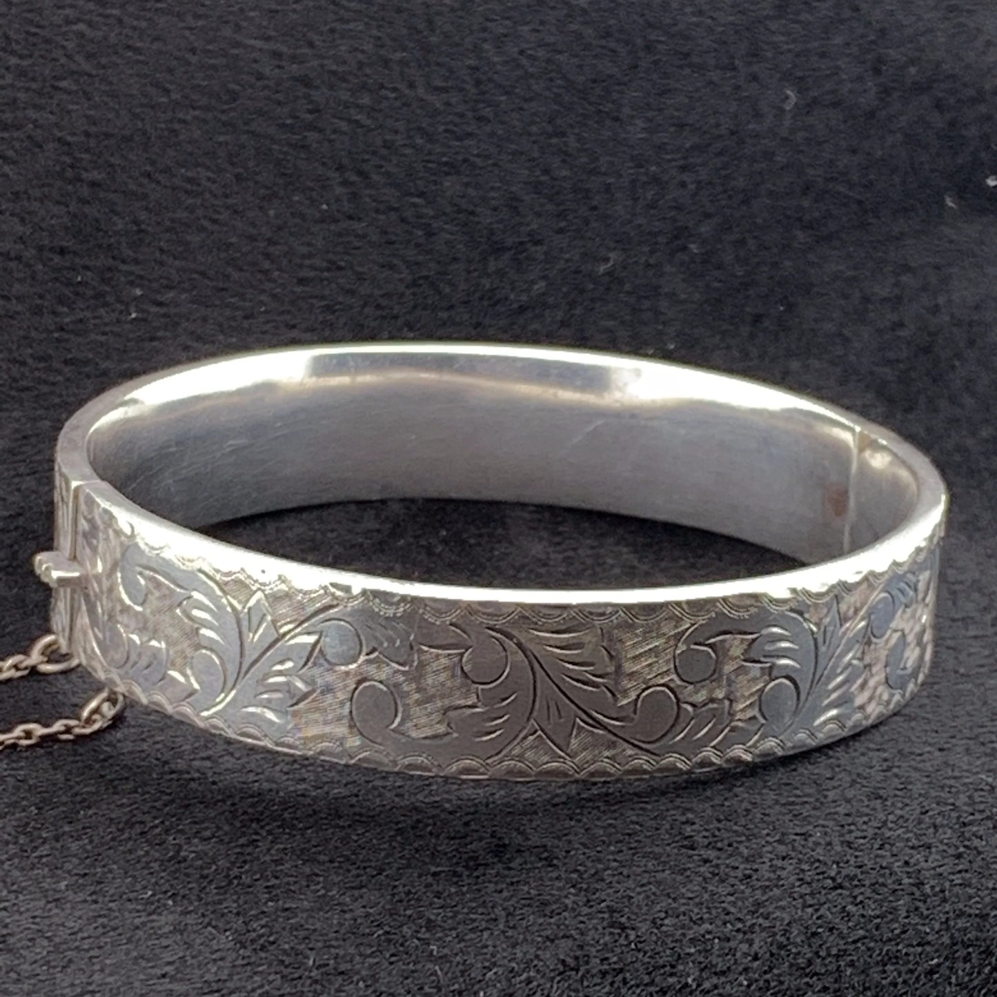 SOLD OUT: Etched Bracelet with Safety | Vintage Sterling Silver | Leaf Patterned - Carmel Fine Silver Jewelry