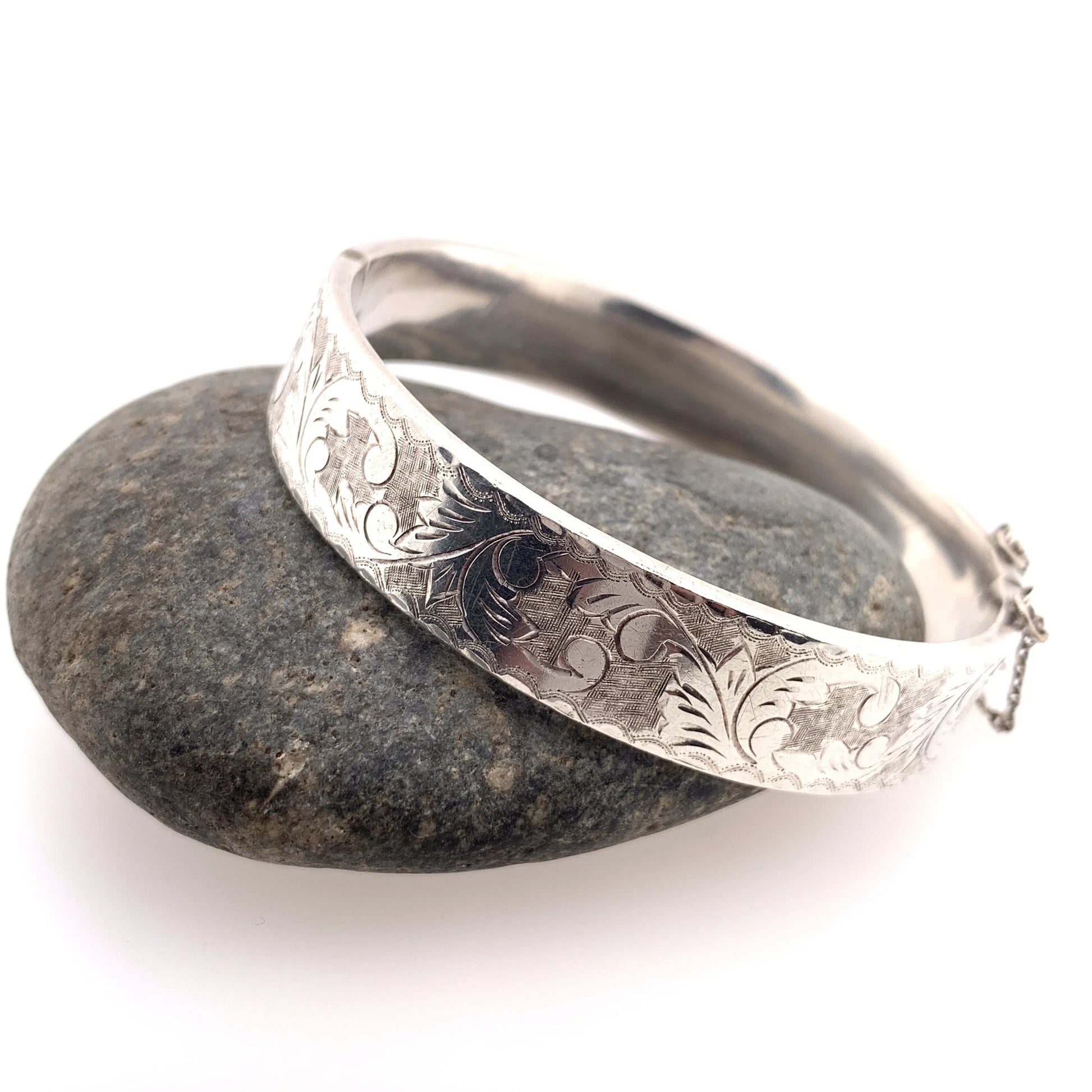 SOLD OUT: Etched Bracelet with Safety | Vintage Sterling Silver | Leaf Patterned - Carmel Fine Silver Jewelry