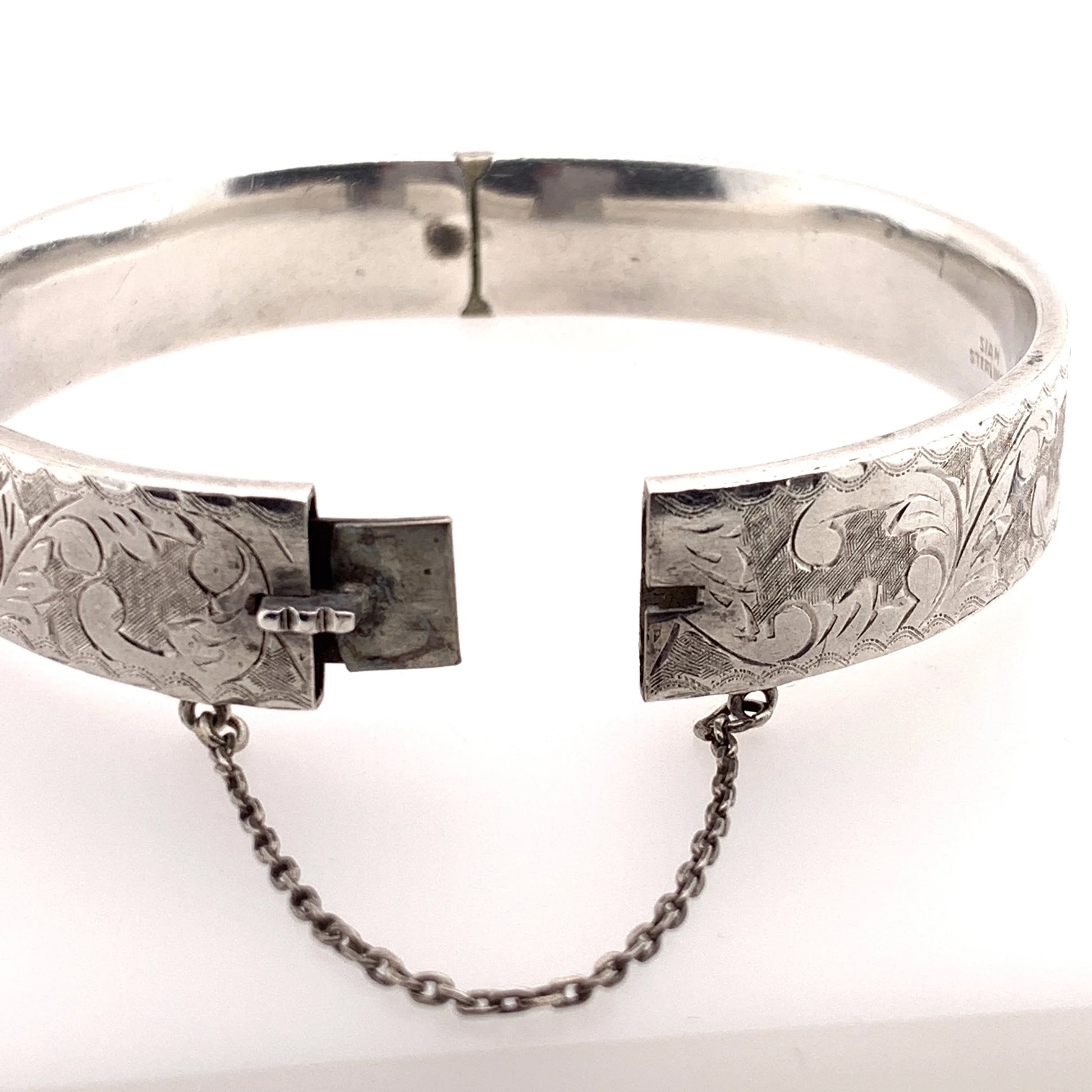SOLD OUT: Etched Bracelet with Safety | Vintage Sterling Silver | Leaf Patterned - Carmel Fine Silver Jewelry