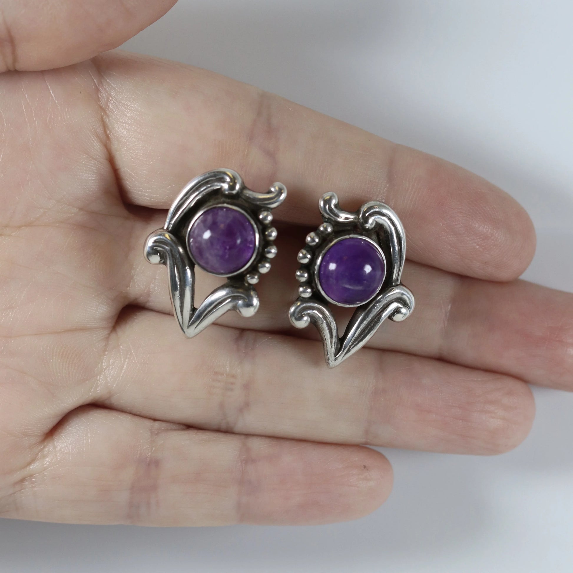 SOLD OUT: Floral Los Castillo Amethyst Taxco Earrings - Carmel Fine Silver Jewelry