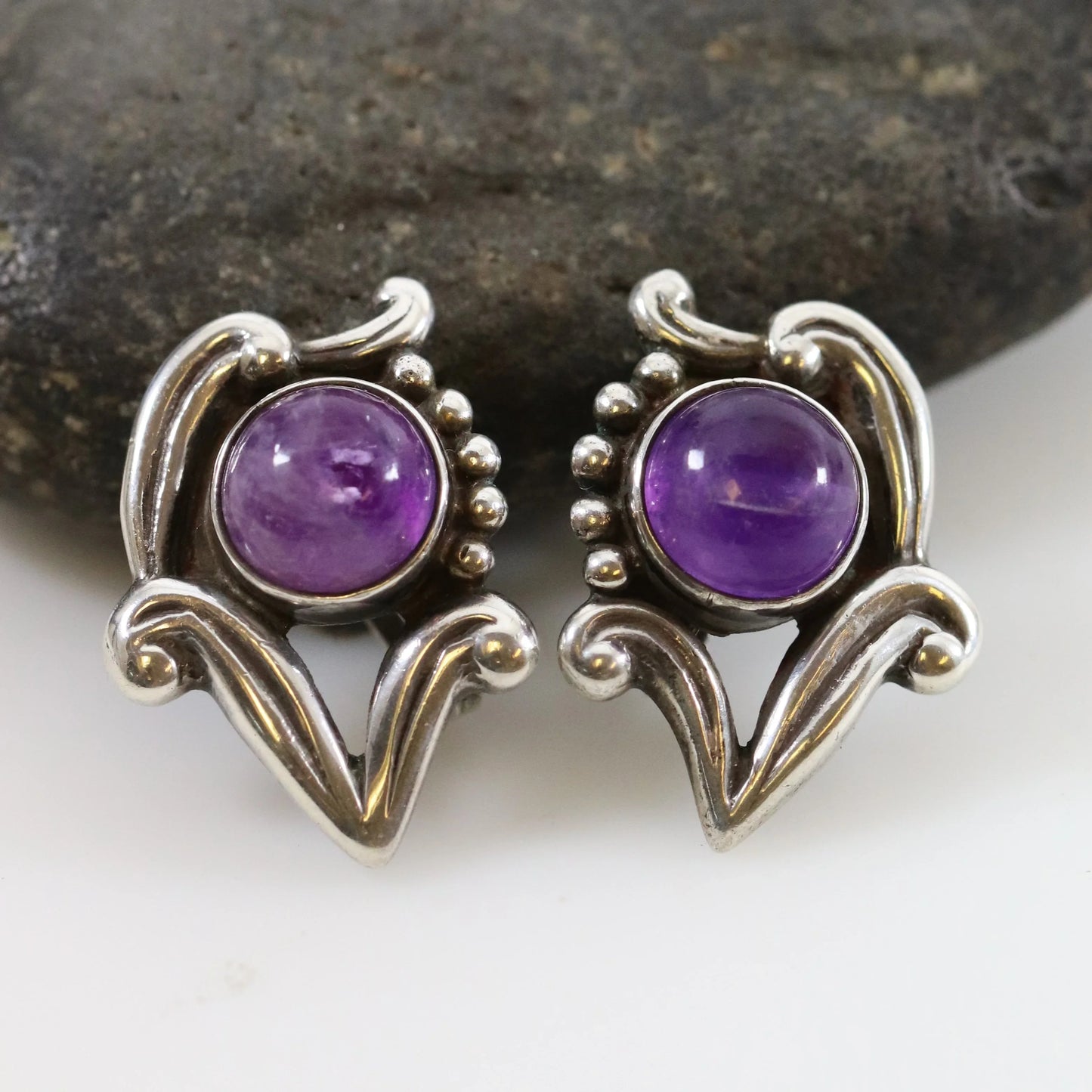 SOLD OUT: Floral Los Castillo Amethyst Taxco Earrings - Carmel Fine Silver Jewelry