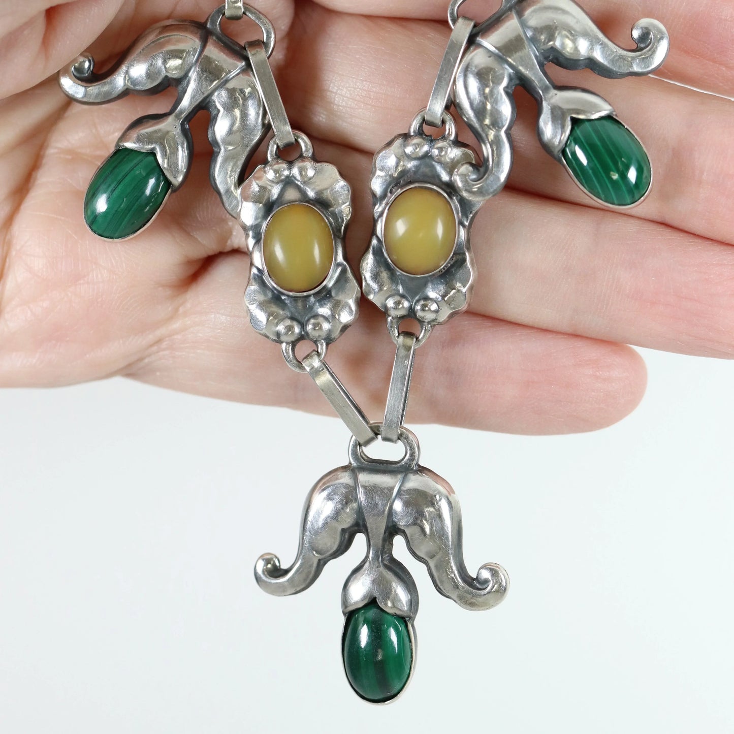 SOLD OUT: Georg Jensen Jewelry | Amber Malachite Art Nouveau Silver Vintage Necklace 9 - Carmel Fine Silver Jewelry