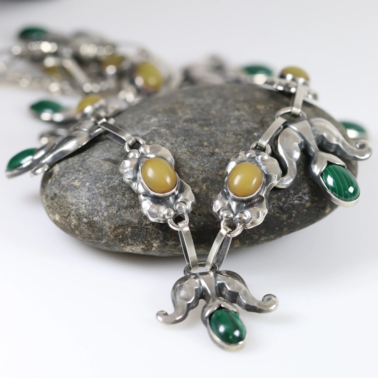 SOLD OUT: Georg Jensen Jewelry | Amber Malachite Art Nouveau Silver Vintage Necklace 9 - Carmel Fine Silver Jewelry