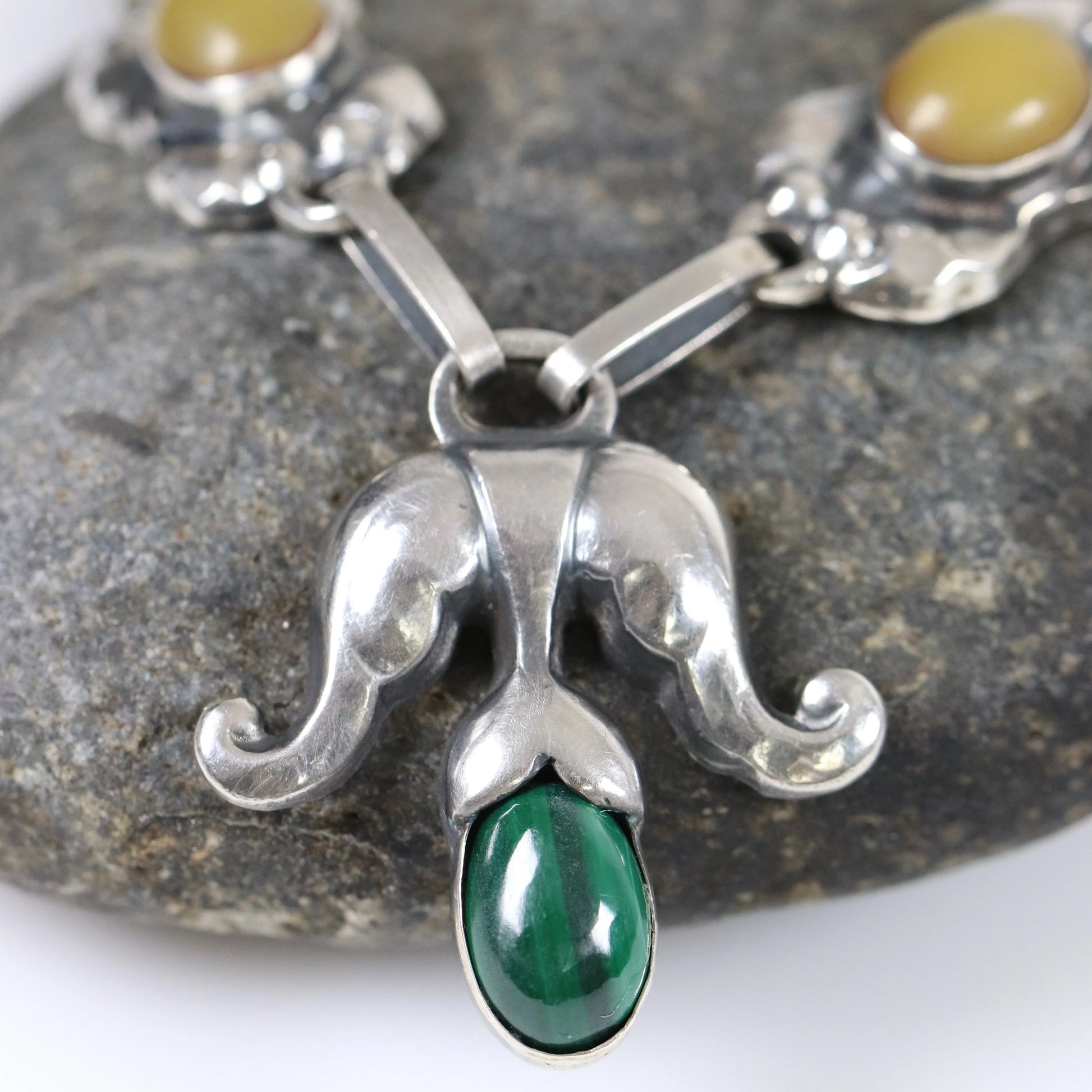 SOLD OUT: Georg Jensen Jewelry | Amber Malachite Art Nouveau Silver Vintage Necklace 9 - Carmel Fine Silver Jewelry