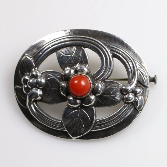 SOLD OUT: Georg Jensen Jewelry | Carnelian Floral Art Nouveau Silver Vintage Brooch 138 - Carmel Fine Silver Jewelry