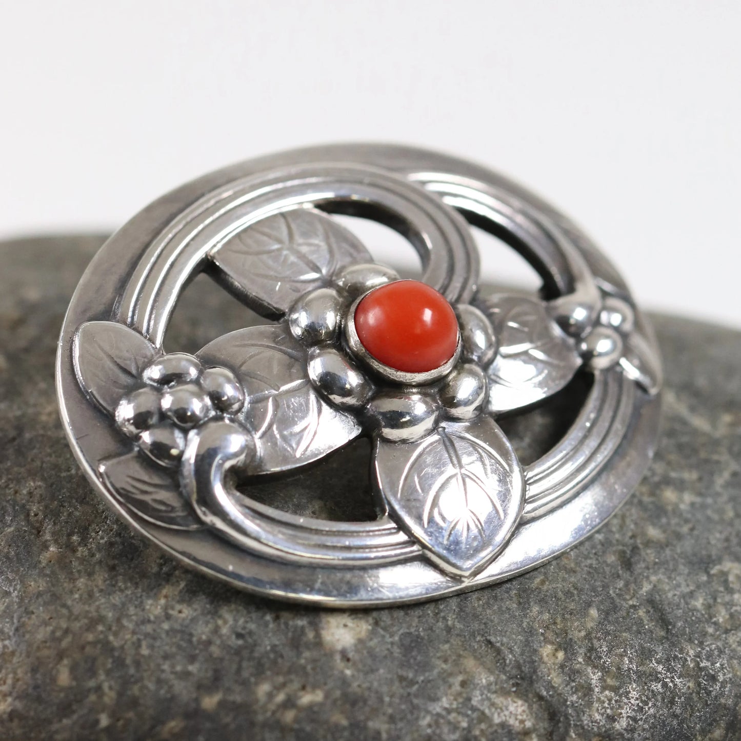SOLD OUT: Georg Jensen Jewelry | Carnelian Floral Art Nouveau Silver Vintage Brooch 138 - Carmel Fine Silver Jewelry