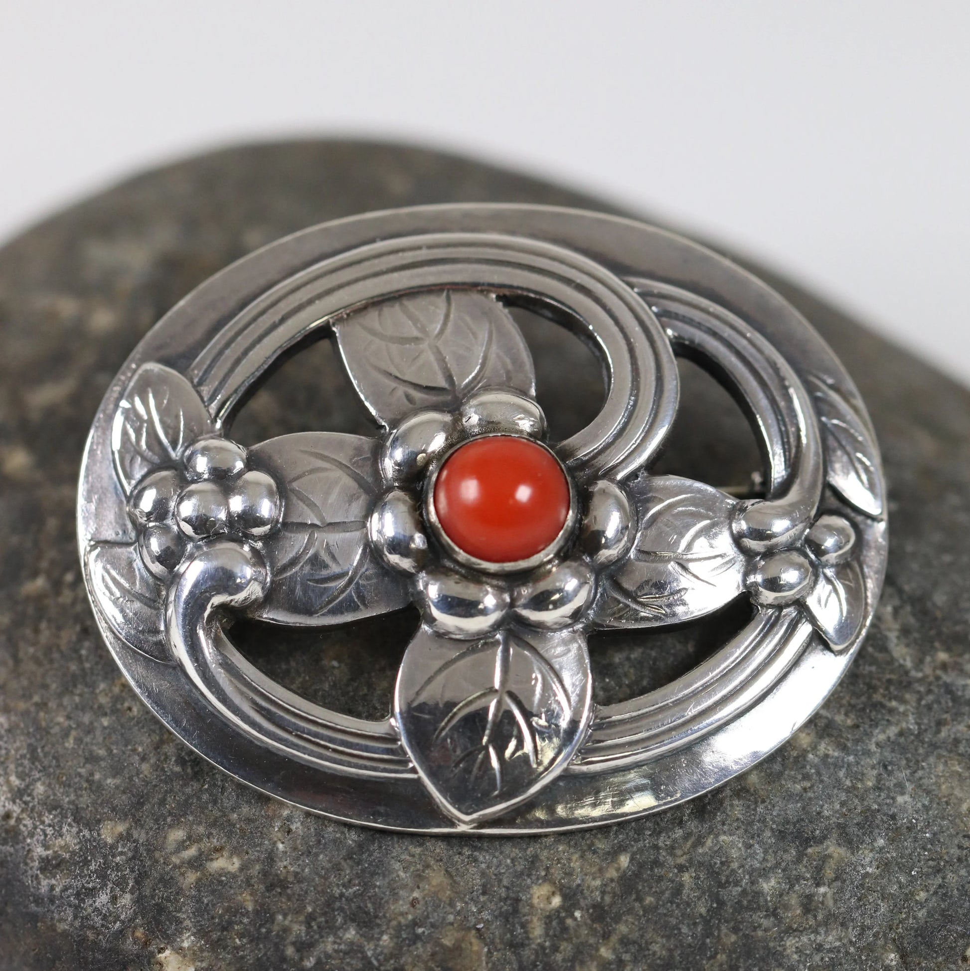 SOLD OUT: Georg Jensen Jewelry | Carnelian Floral Art Nouveau Silver Vintage Brooch 138 - Carmel Fine Silver Jewelry