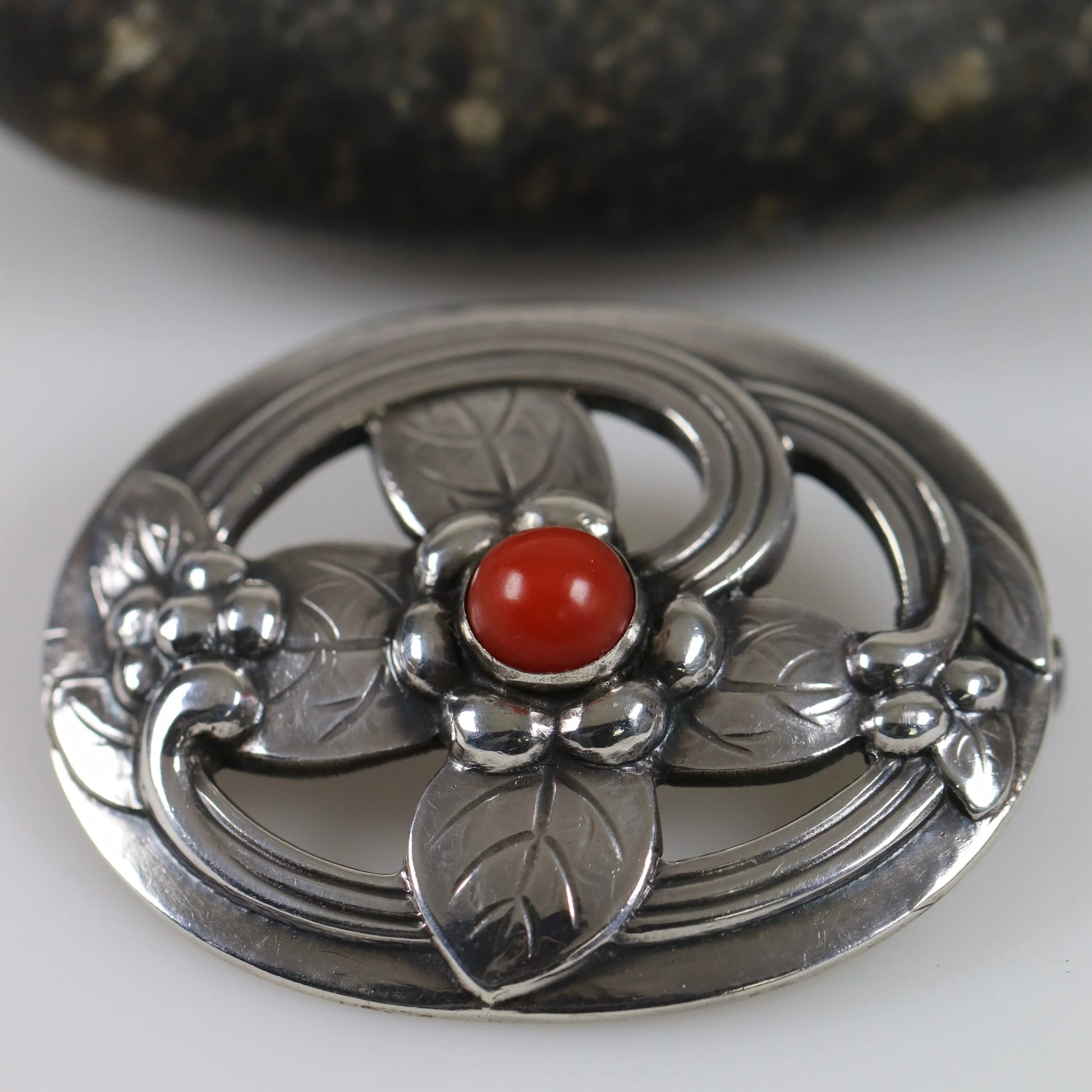 SOLD OUT: Georg Jensen Jewelry | Carnelian Floral Art Nouveau Silver Vintage Brooch 138 - Carmel Fine Silver Jewelry