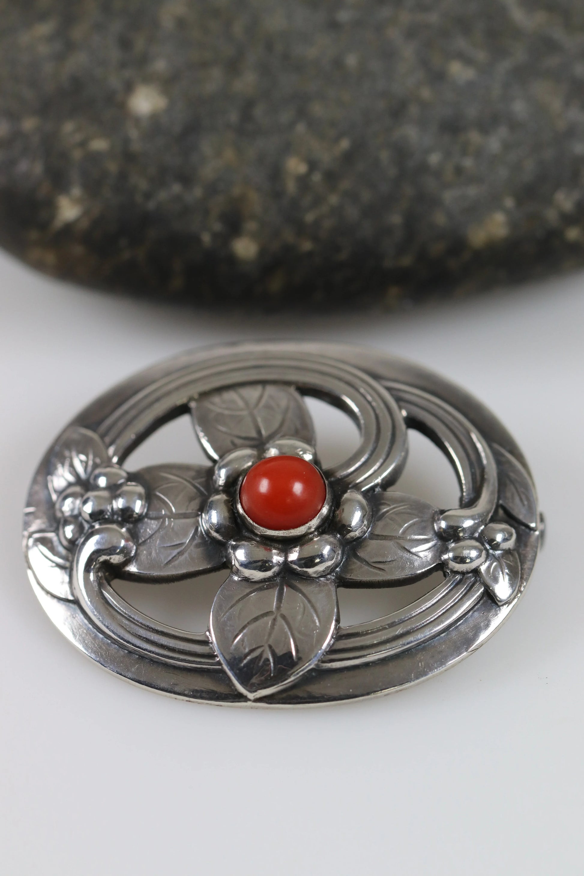 SOLD OUT: Georg Jensen Jewelry | Carnelian Floral Art Nouveau Silver Vintage Brooch 138 - Carmel Fine Silver Jewelry
