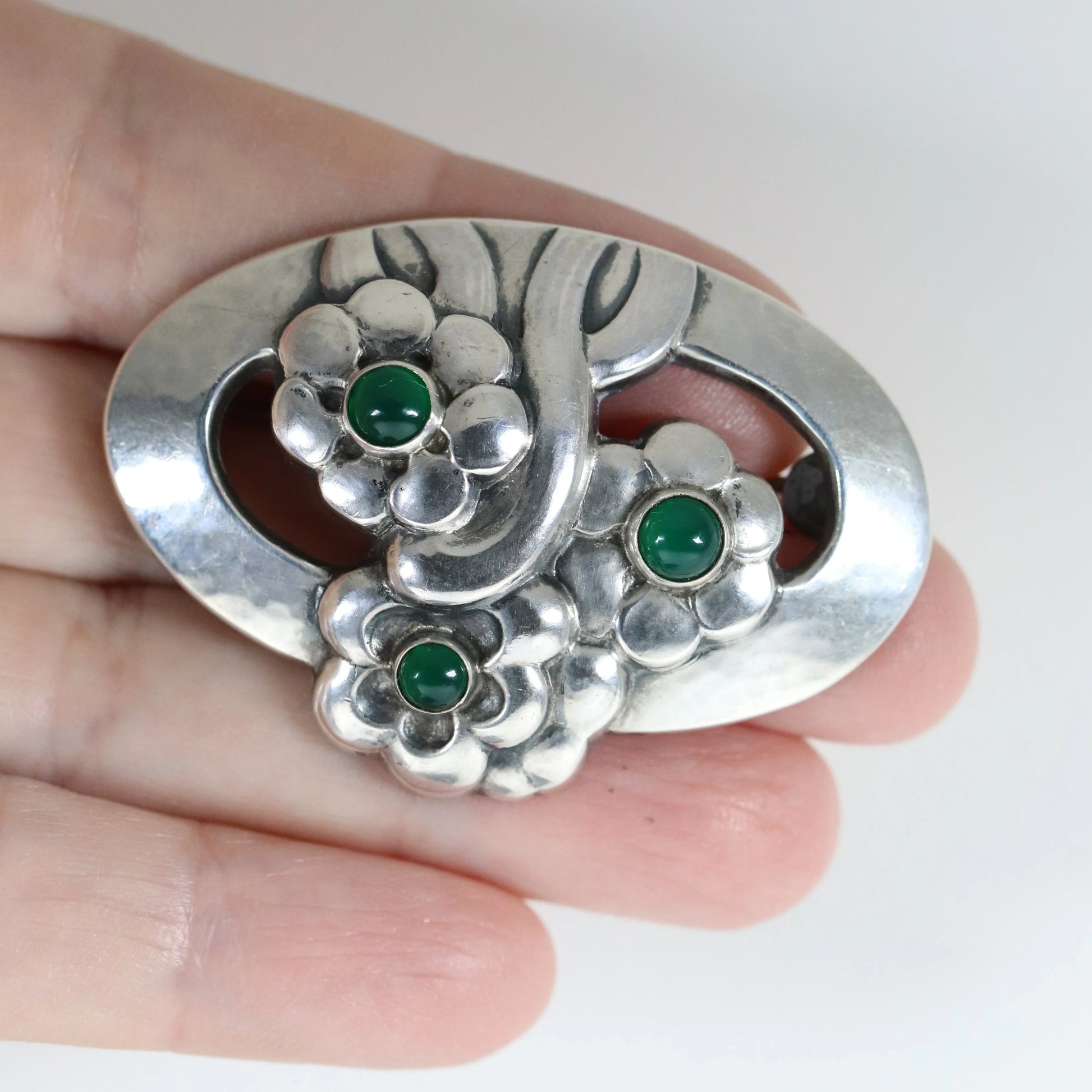 SOLD OUT: Georg Jensen Jewelry | Chrysoprase Flower Art Nouveau Silver Vintage Brooch 28 - Carmel Fine Silver Jewelry