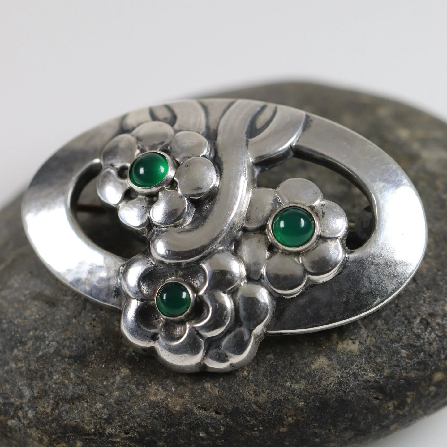 SOLD OUT: Georg Jensen Jewelry | Chrysoprase Flower Art Nouveau Silver Vintage Brooch 28 - Carmel Fine Silver Jewelry