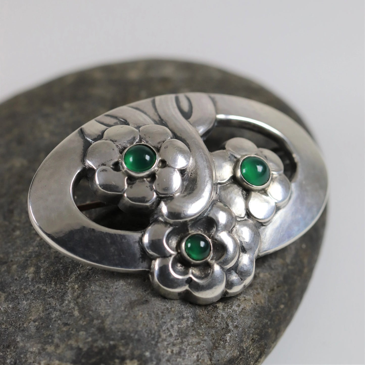 SOLD OUT: Georg Jensen Jewelry | Chrysoprase Flower Art Nouveau Silver Vintage Brooch 28 - Carmel Fine Silver Jewelry