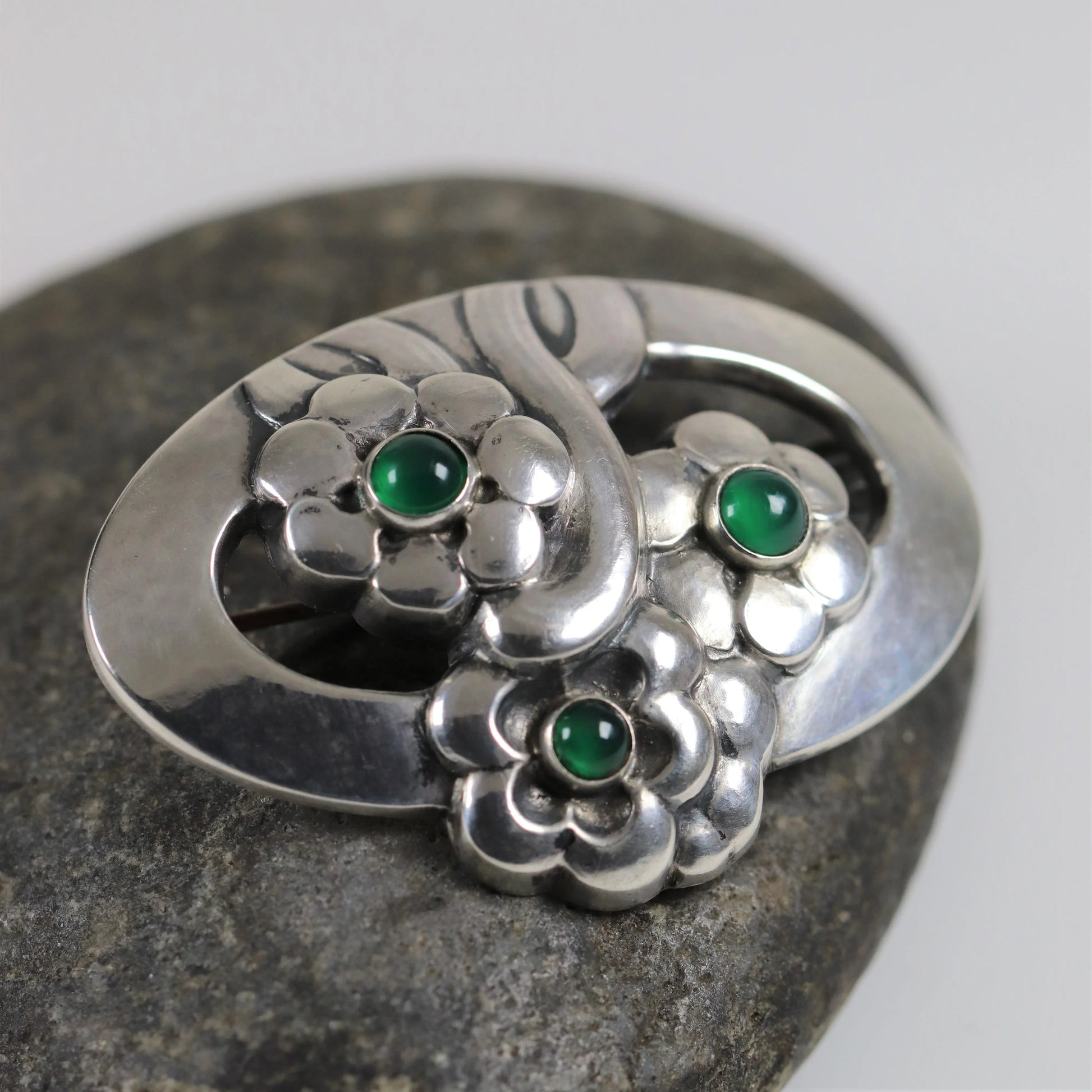SOLD OUT: Georg Jensen Jewelry | Chrysoprase Flower Art Nouveau Silver Vintage Brooch 28 - Carmel Fine Silver Jewelry