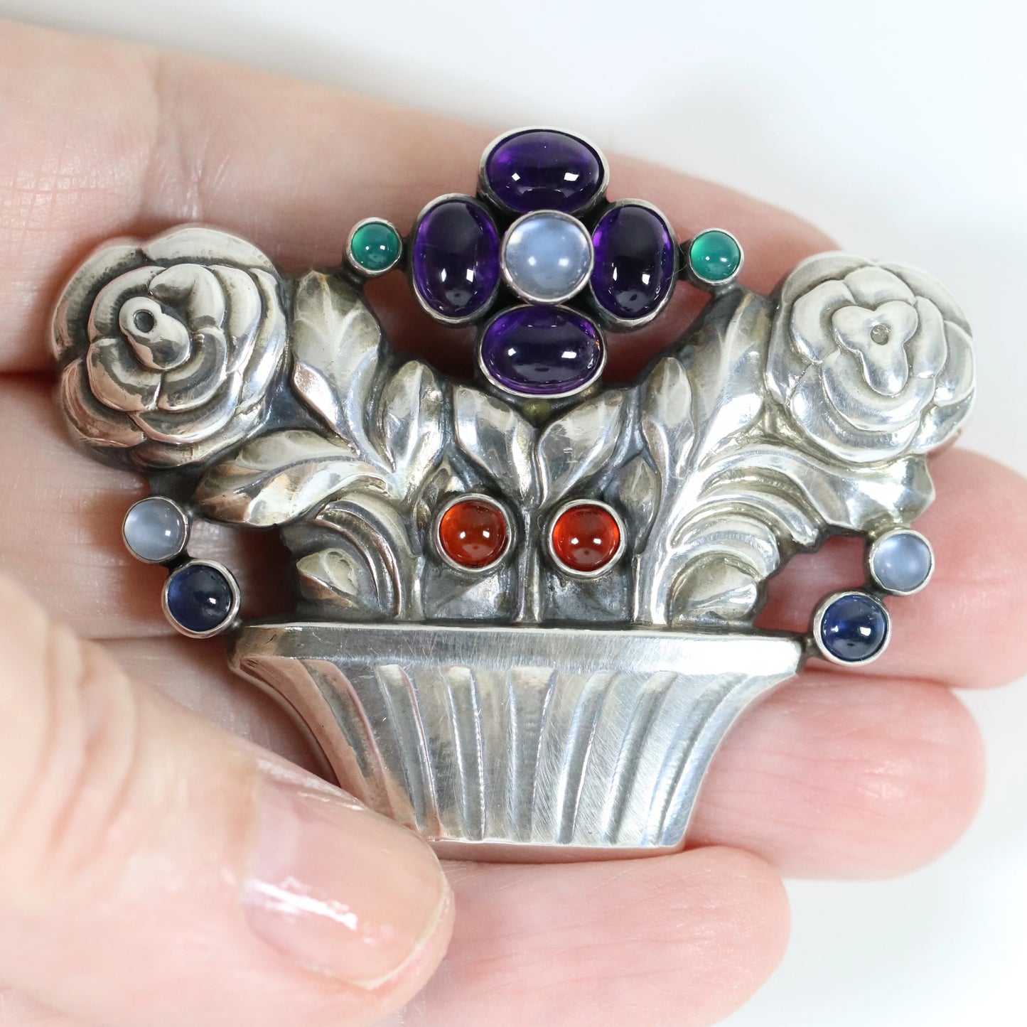SOLD OUT: Georg Jensen Jewelry | Multi-Gem Flower Basket Art Nouveau Silver Vintage Brooch 67 - Carmel Fine Silver Jewelry
