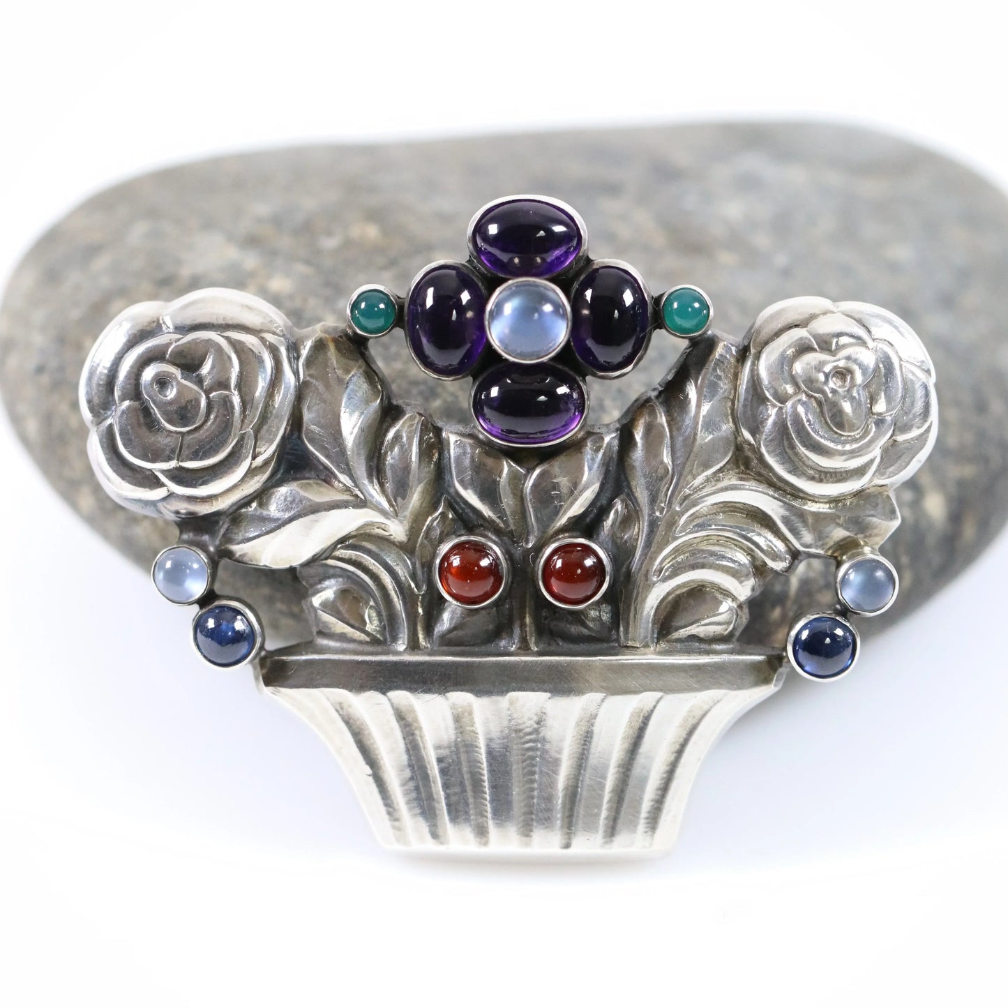 SOLD OUT: Georg Jensen Jewelry | Multi-Gem Flower Basket Art Nouveau Silver Vintage Brooch 67 - Carmel Fine Silver Jewelry