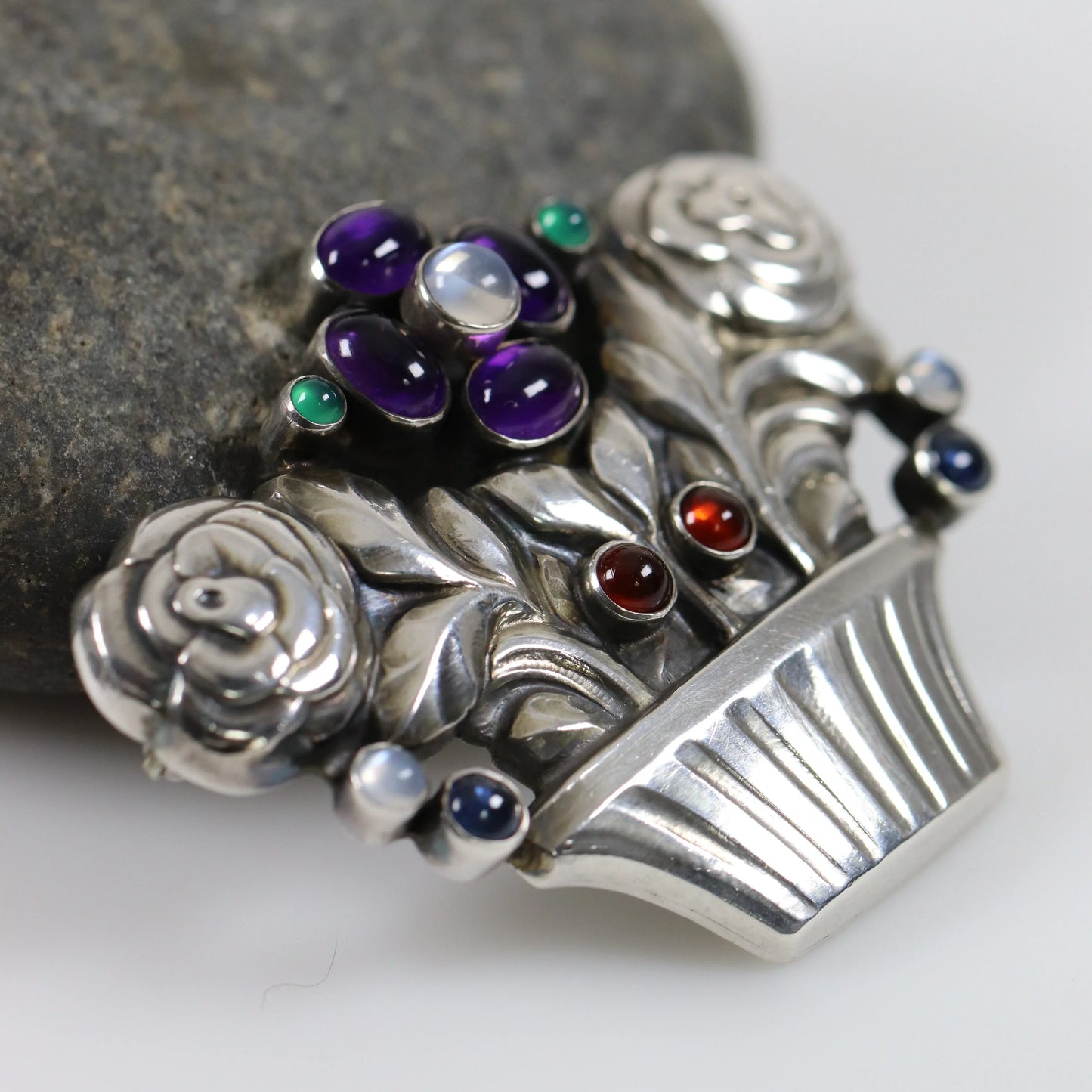 SOLD OUT: Georg Jensen Jewelry | Multi-Gem Flower Basket Art Nouveau Silver Vintage Brooch 67 - Carmel Fine Silver Jewelry