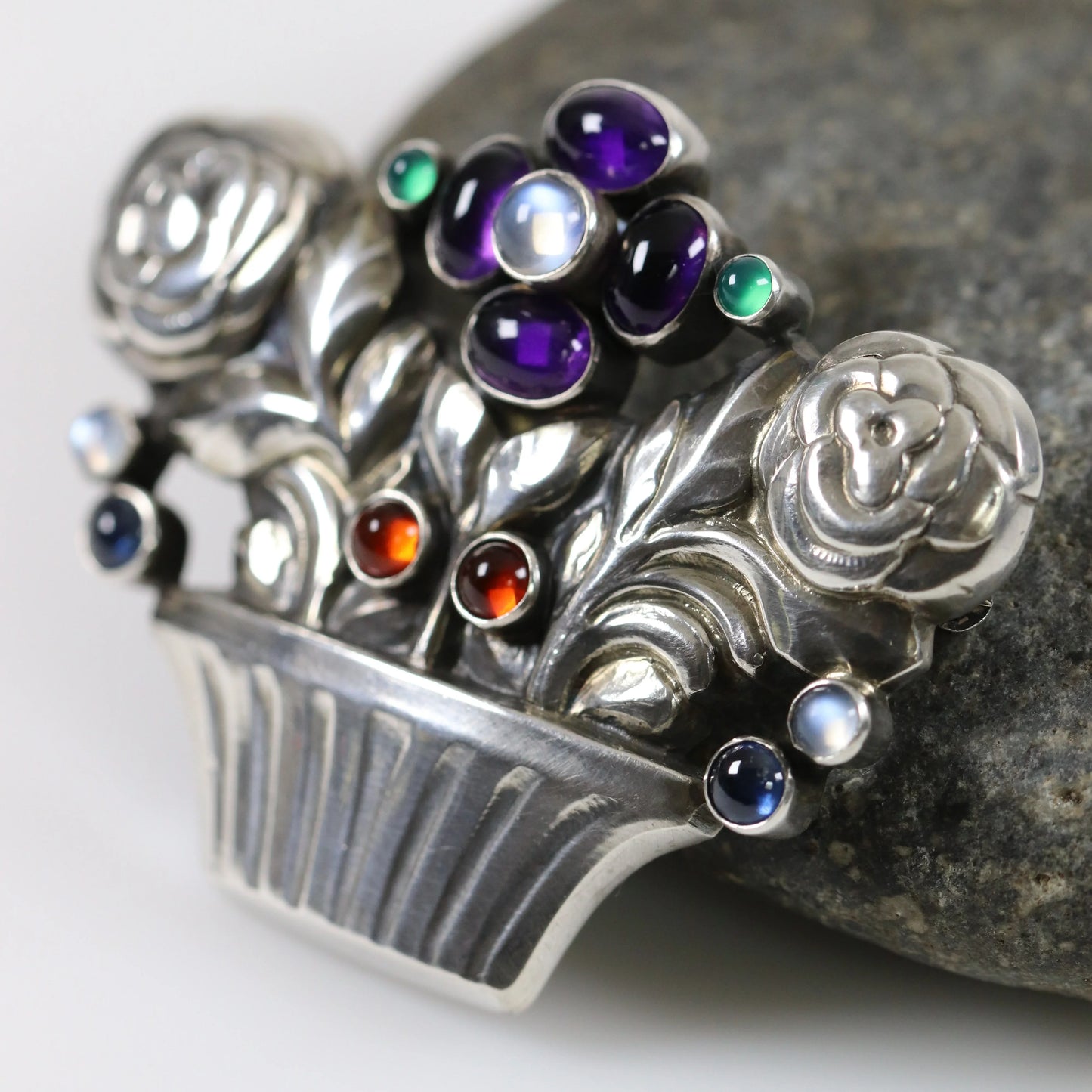SOLD OUT: Georg Jensen Jewelry | Multi-Gem Flower Basket Art Nouveau Silver Vintage Brooch 67 - Carmel Fine Silver Jewelry